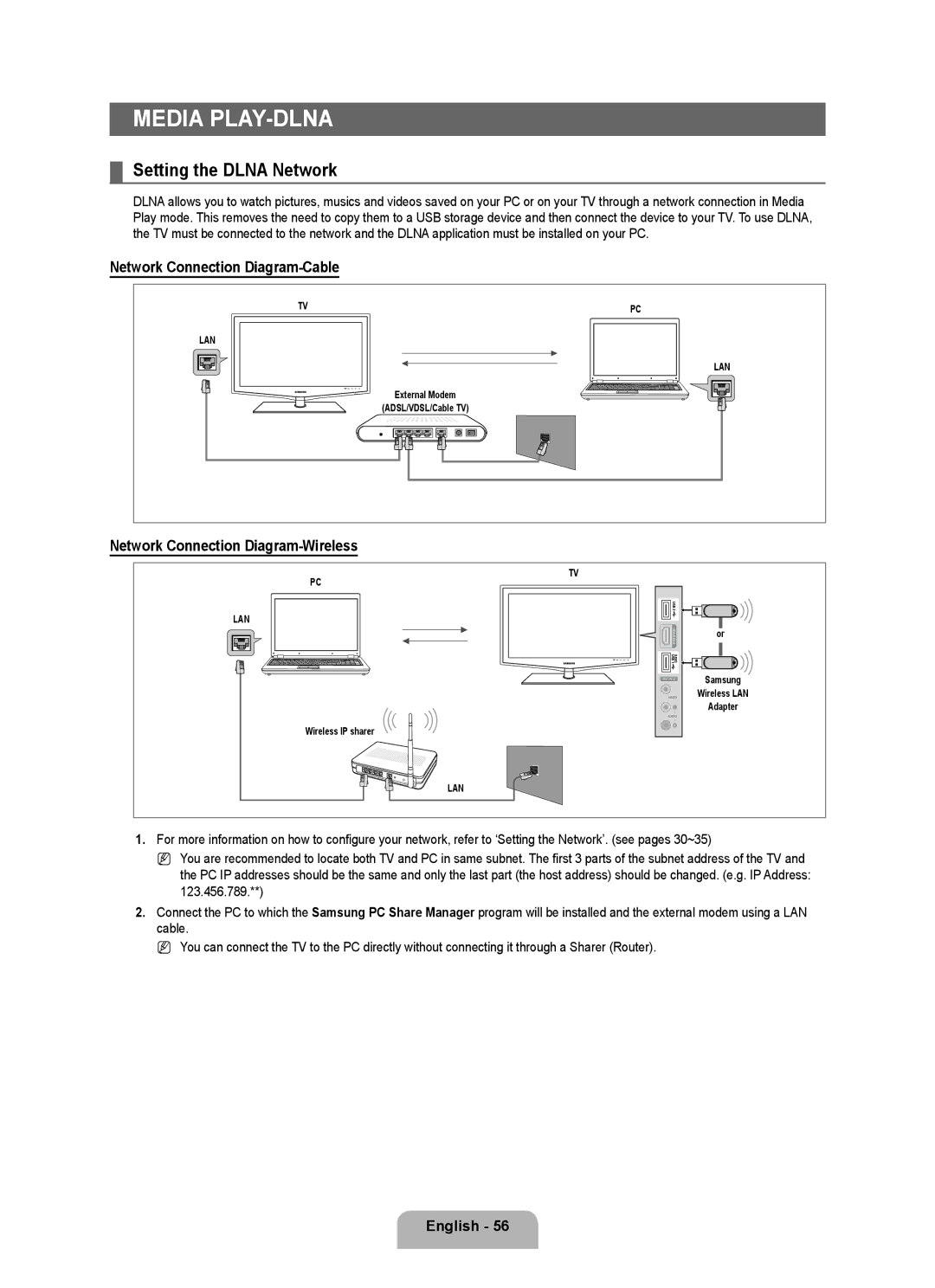 Samsung LN40B650, LN55B650, LN46B650 user manual Media Play-DLNA, Setting the Dlna Network, Network Connection Diagram-Cable 