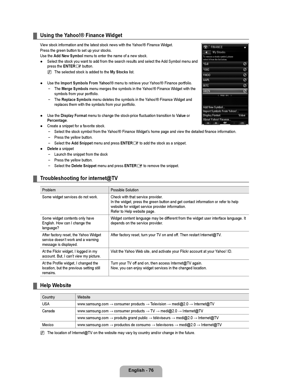 Samsung LN55B650, LN40B650, LN46B650 Using the Yahoo! Finance Widget, Troubleshooting for internet@TV, Help Website 