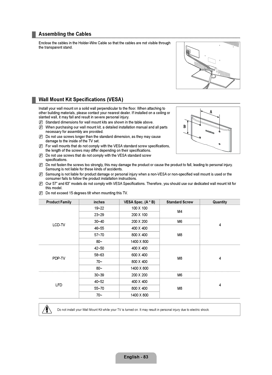 Samsung LN40B650, LN55B650, LN46B650 user manual Assembling the Cables, Wall Mount Kit Specifications Vesa 