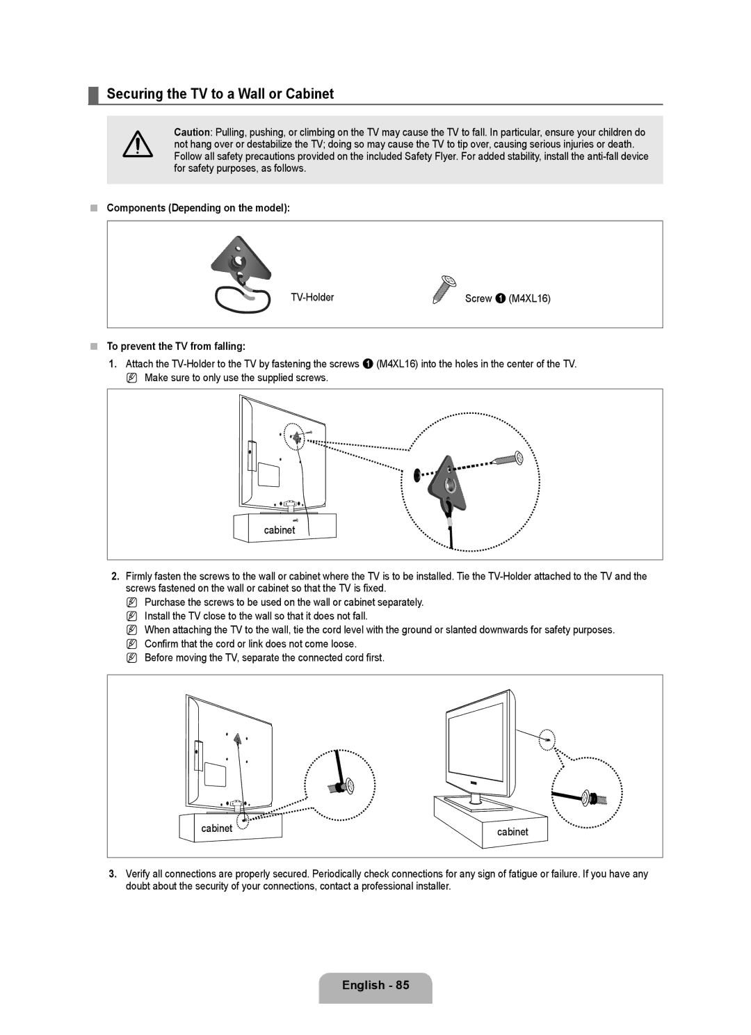 Samsung LN55B650 Securing the TV to a Wall or Cabinet, English 8,  Components Depending on the model, TV-Holder 