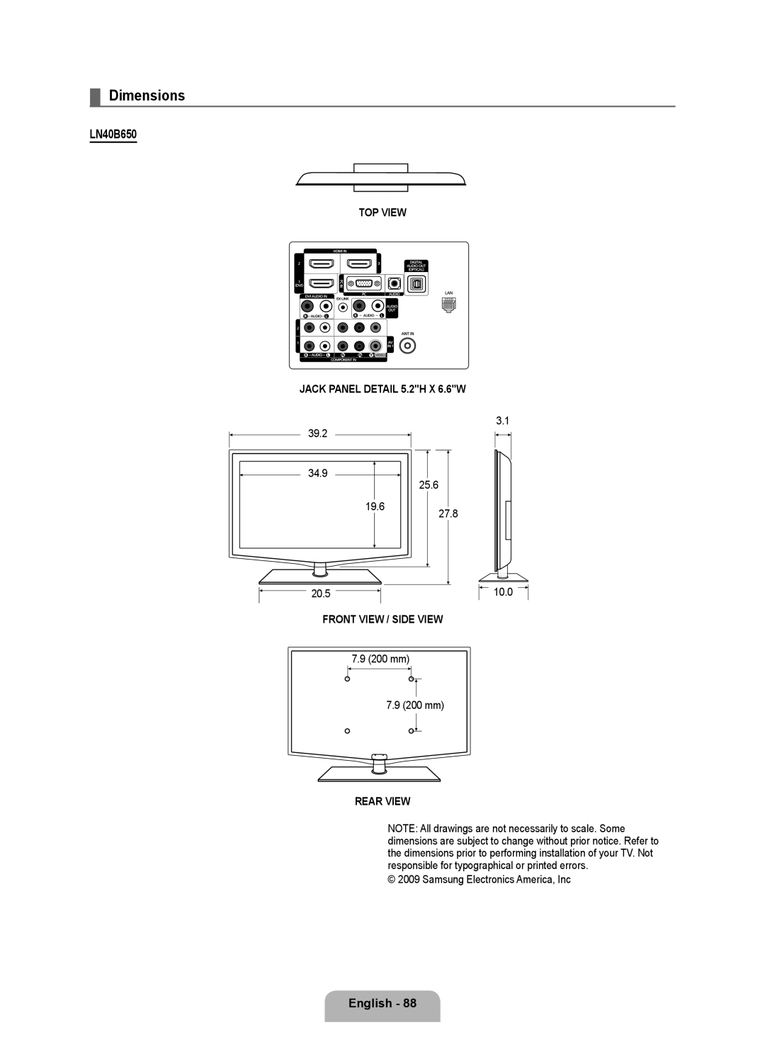 Samsung LN55B650, LN46B650 user manual Dimensions, LN40B650, 39.2 34.9 25.6 19.6 10.0 20.5, 200 mm 