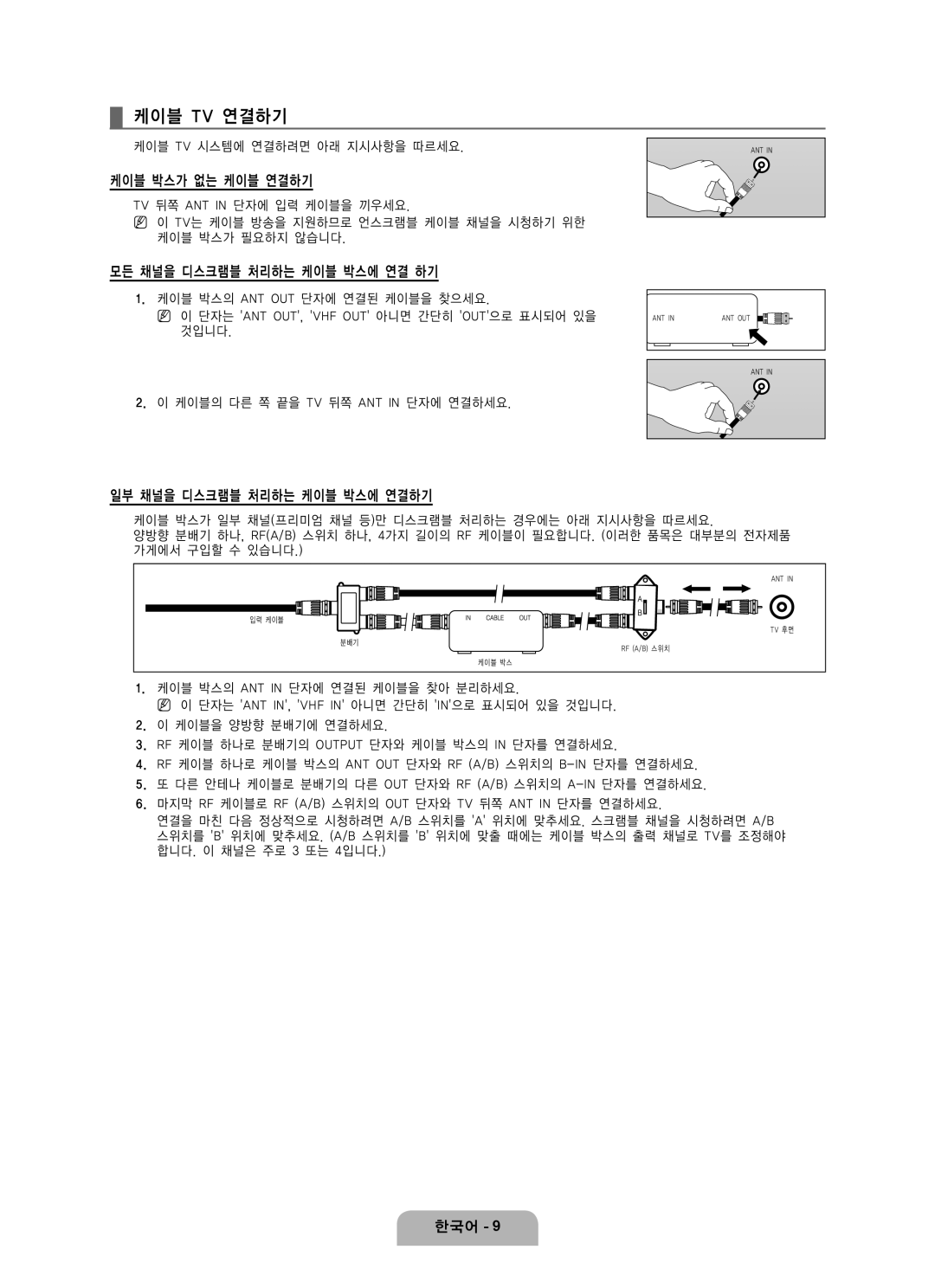 Samsung LN65B650 케이블 Tv 연결하기, 케이블 박스가 없는 케이블 연결하기, 모든 채널을 디스크램블 처리하는 케이블 박스에 연결 하기, 일부 채널을 디스크램블 처리하는 케이블 박스에 연결하기 