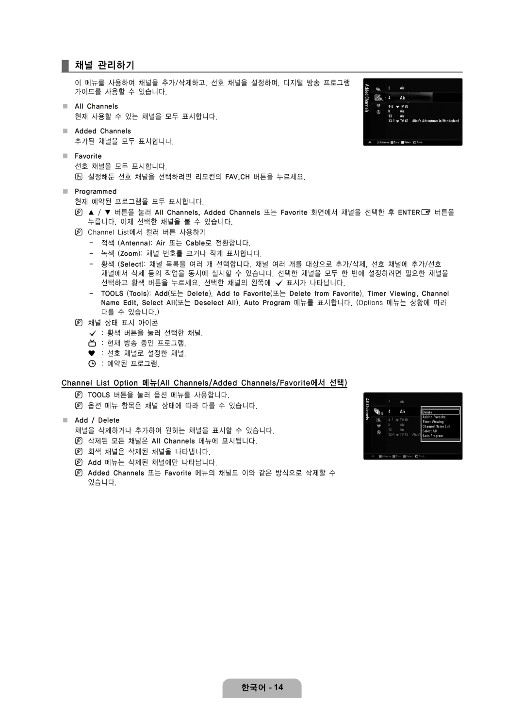 Samsung LN65B650 user manual 채널 관리하기, Added Channels 또는 Favorite 메뉴의 채널도 이와 같은 방식으로 삭제할 수 있습니다 