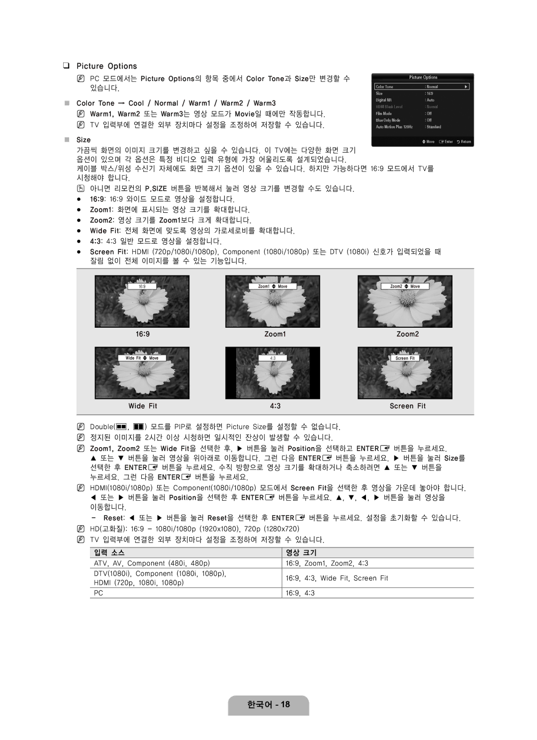 Samsung LN65B650 user manual Picture Options, Zoom1 