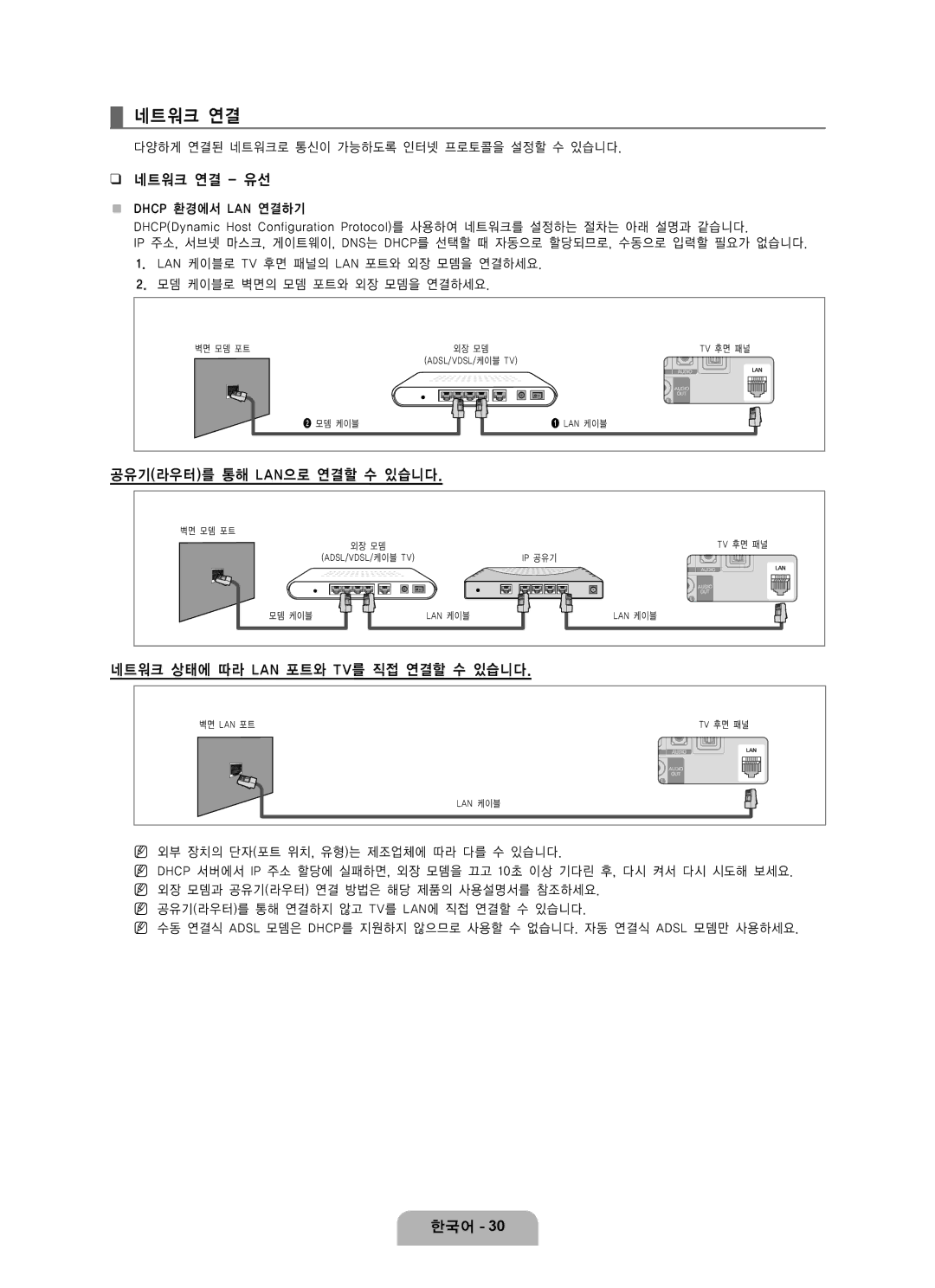 Samsung LN65B650 user manual 네트워크 연결 유선, 공유기라우터를 통해 Lan으로 연결할 수 있습니다 