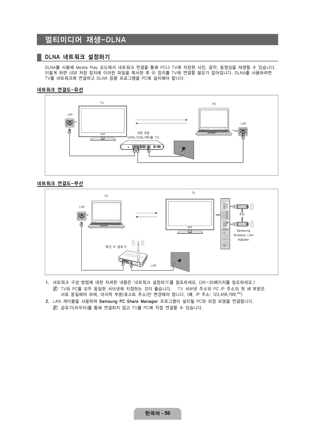 Samsung LN65B650 user manual Dlna 네트워크 설정하기, 네트워크 연결도-유선, 네트워크 연결도-무선 