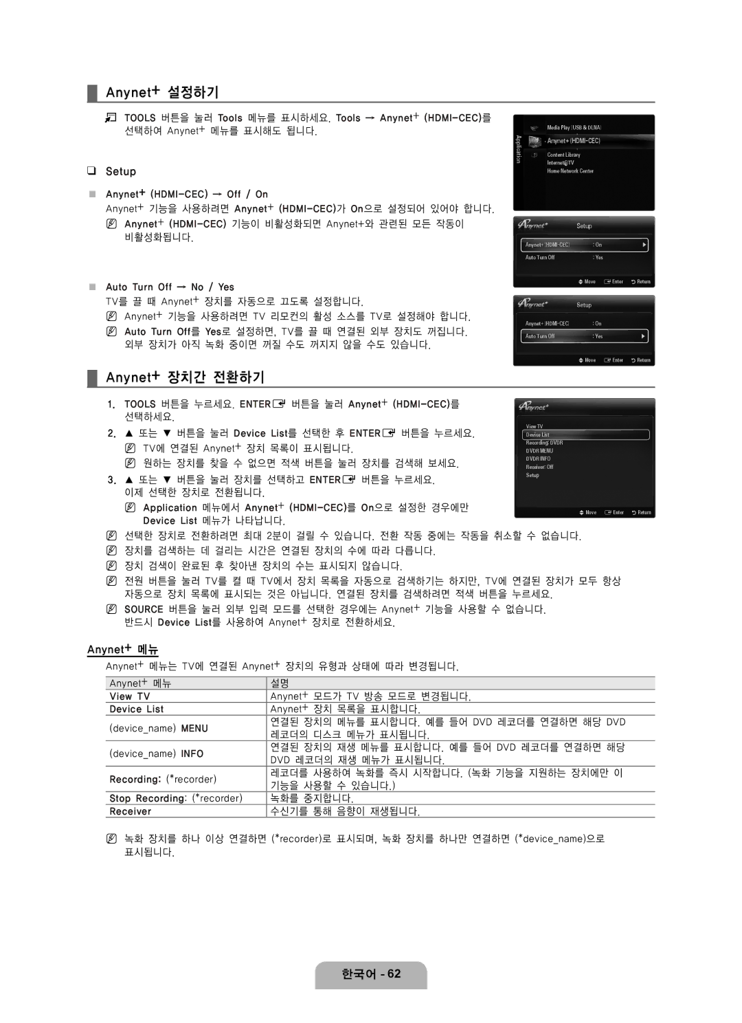 Samsung LN65B650 user manual Anynet+ 설정하기, Anynet+ 장치간 전환하기, Setup, Anynet+ 메뉴 