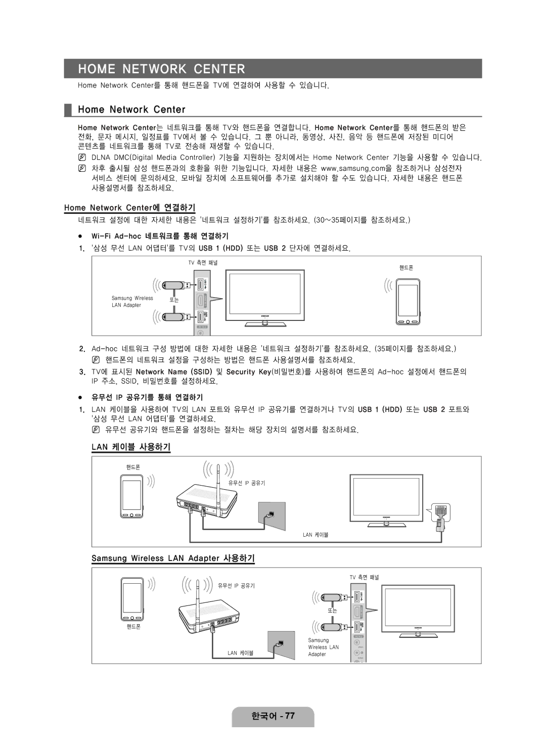 Samsung LN65B650 user manual Home Network Center에 연결하기, Lan 케이블 사용하기, Samsung Wireless LAN Adapter 사용하기 