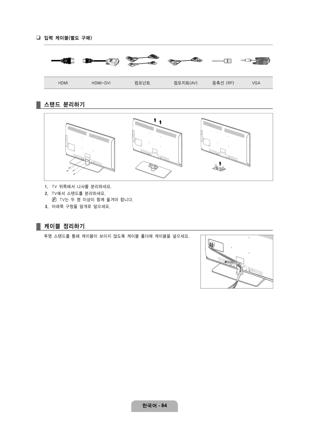 Samsung LN65B650 user manual 스탠드 분리하기, 케이블 정리하기, 입력 케이블별도 구매, Hdmi HDMI-DVI 