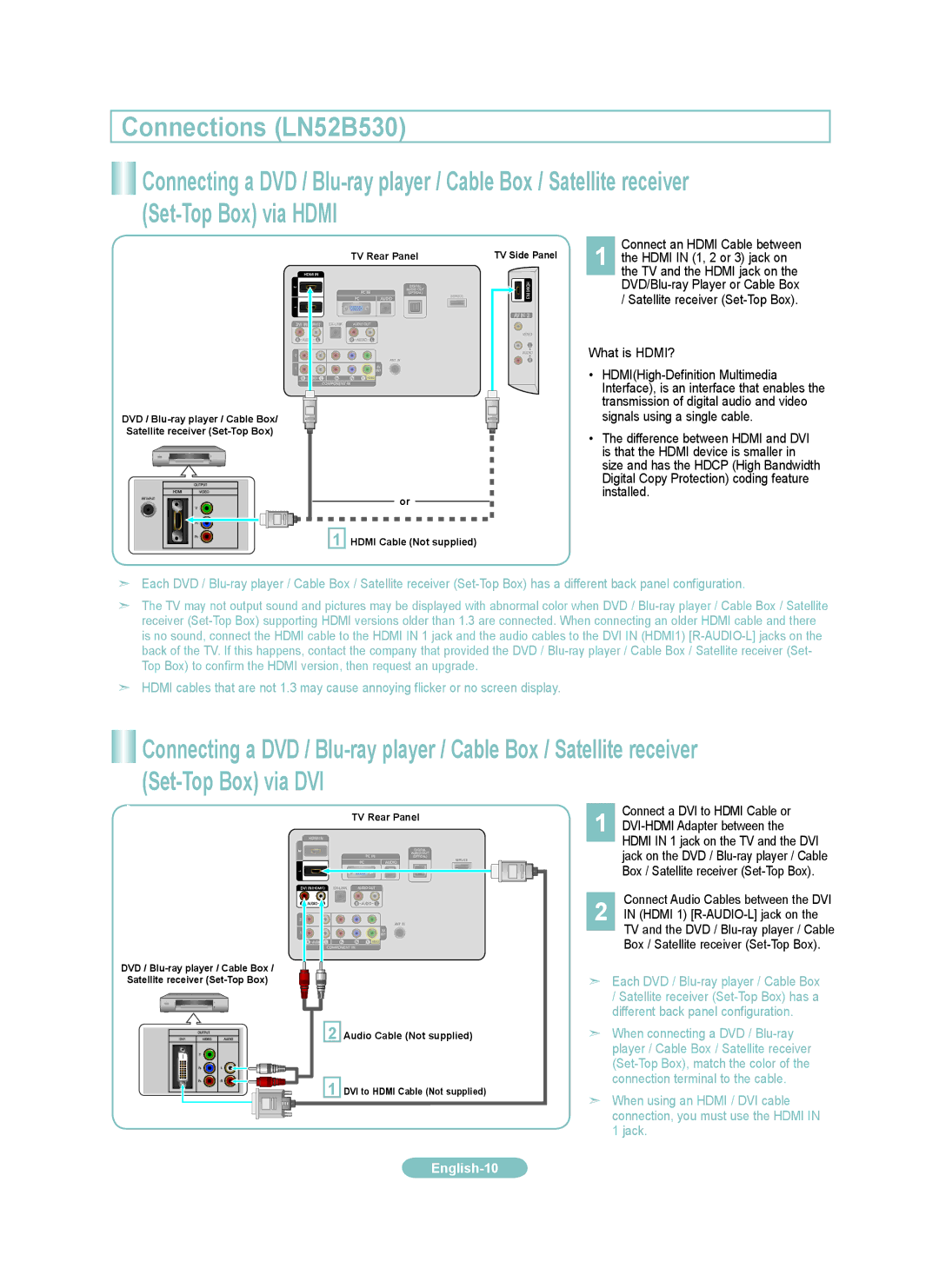 Samsung LN3B530, LN6B530, LN0B530 setup guide Connections LN52B530, Connect a DVI to Hdmi Cable or, DVI-HDMI Adapter between 