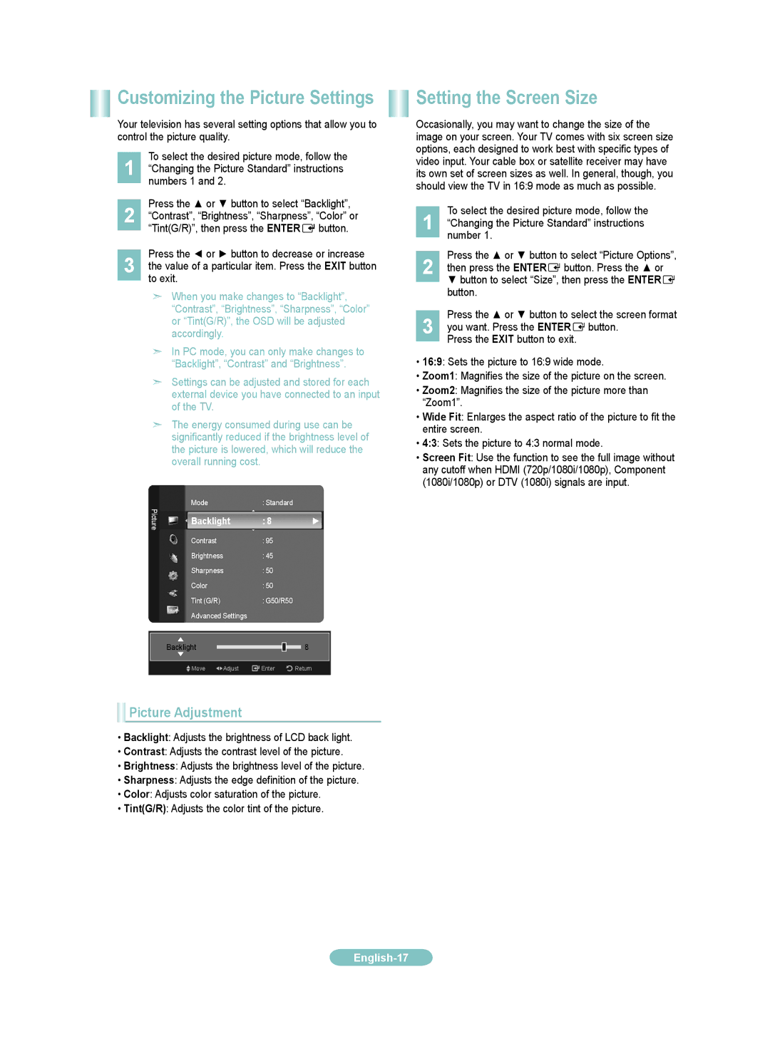 Samsung LN0B530 Setting the Screen Size, Picture Adjustment, Value of a particular item. Press the Exit button to exit 