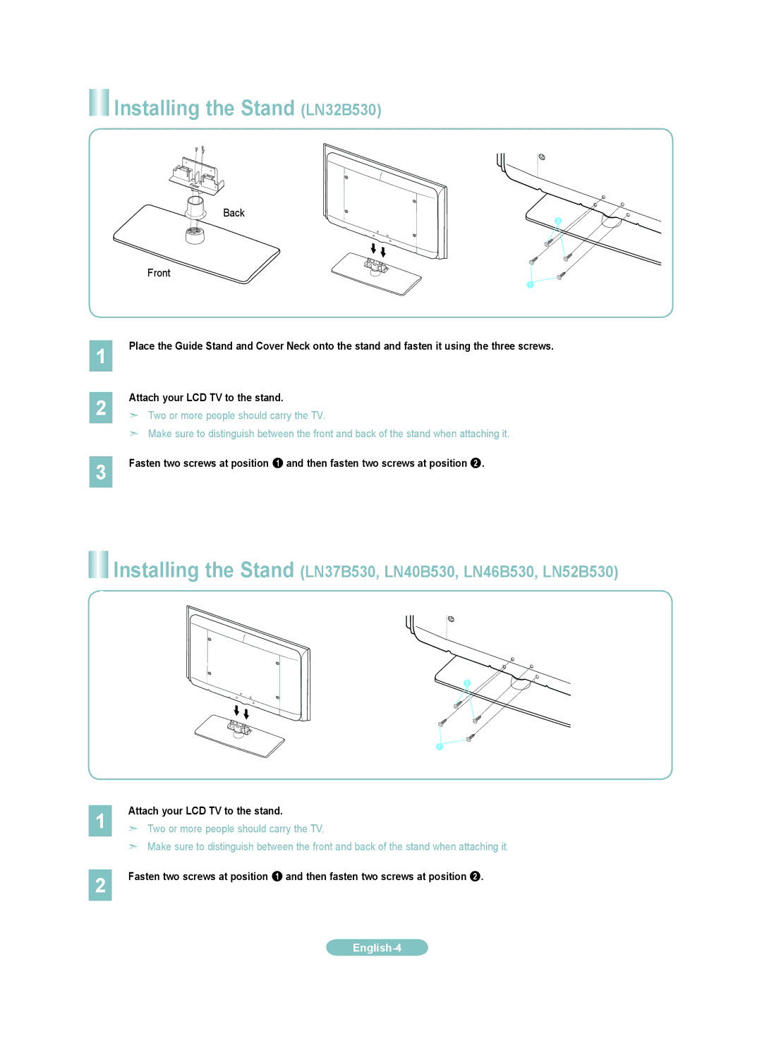 Samsung LN3B530, LN6B530, LN0B530 setup guide Installing the Stand LN32B530, Back Front 