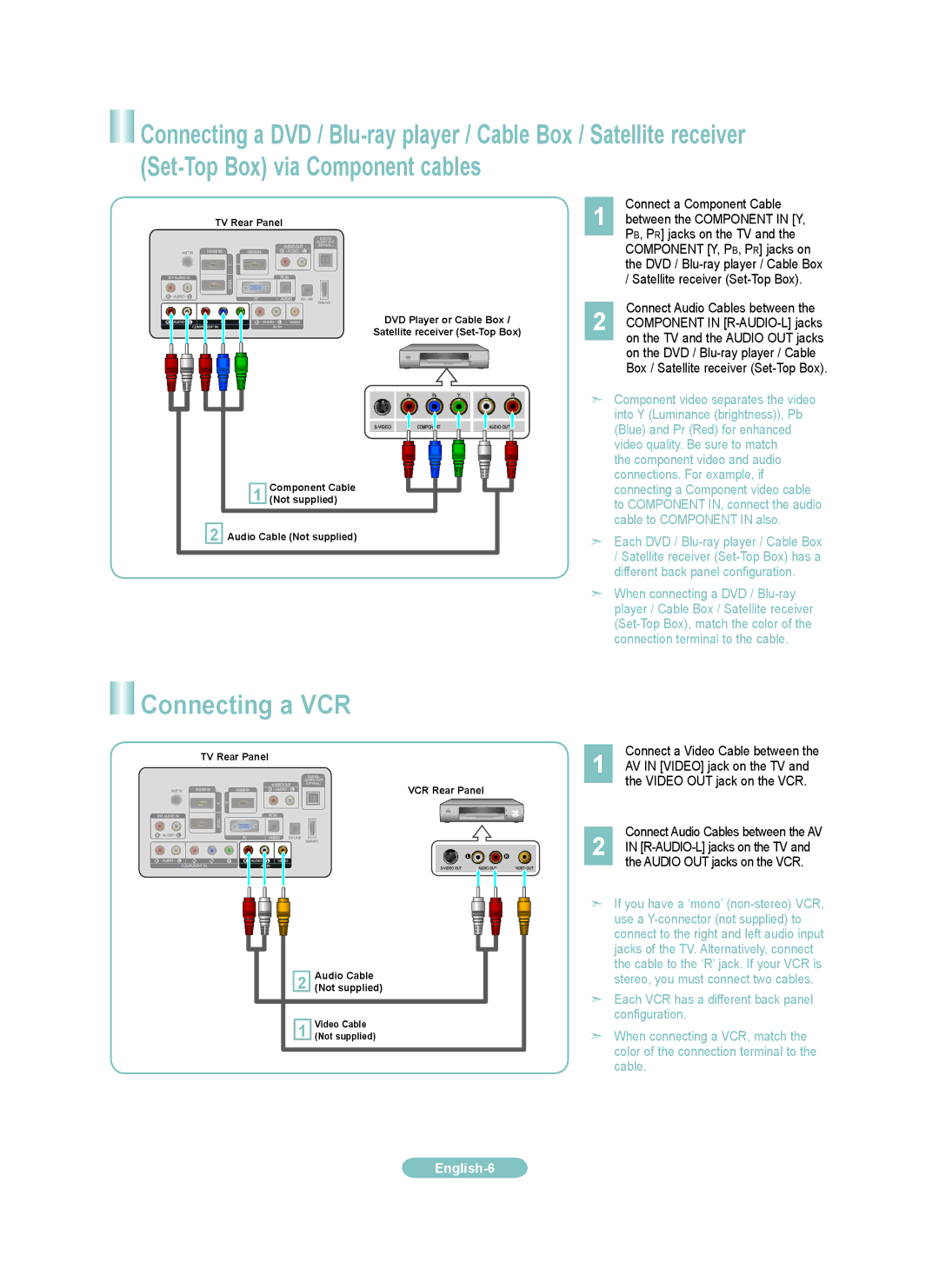 Samsung LN6B530 Connecting a VCR, Connect a Component Cable, Connect Audio Cables between, Connect a Video Cable between 