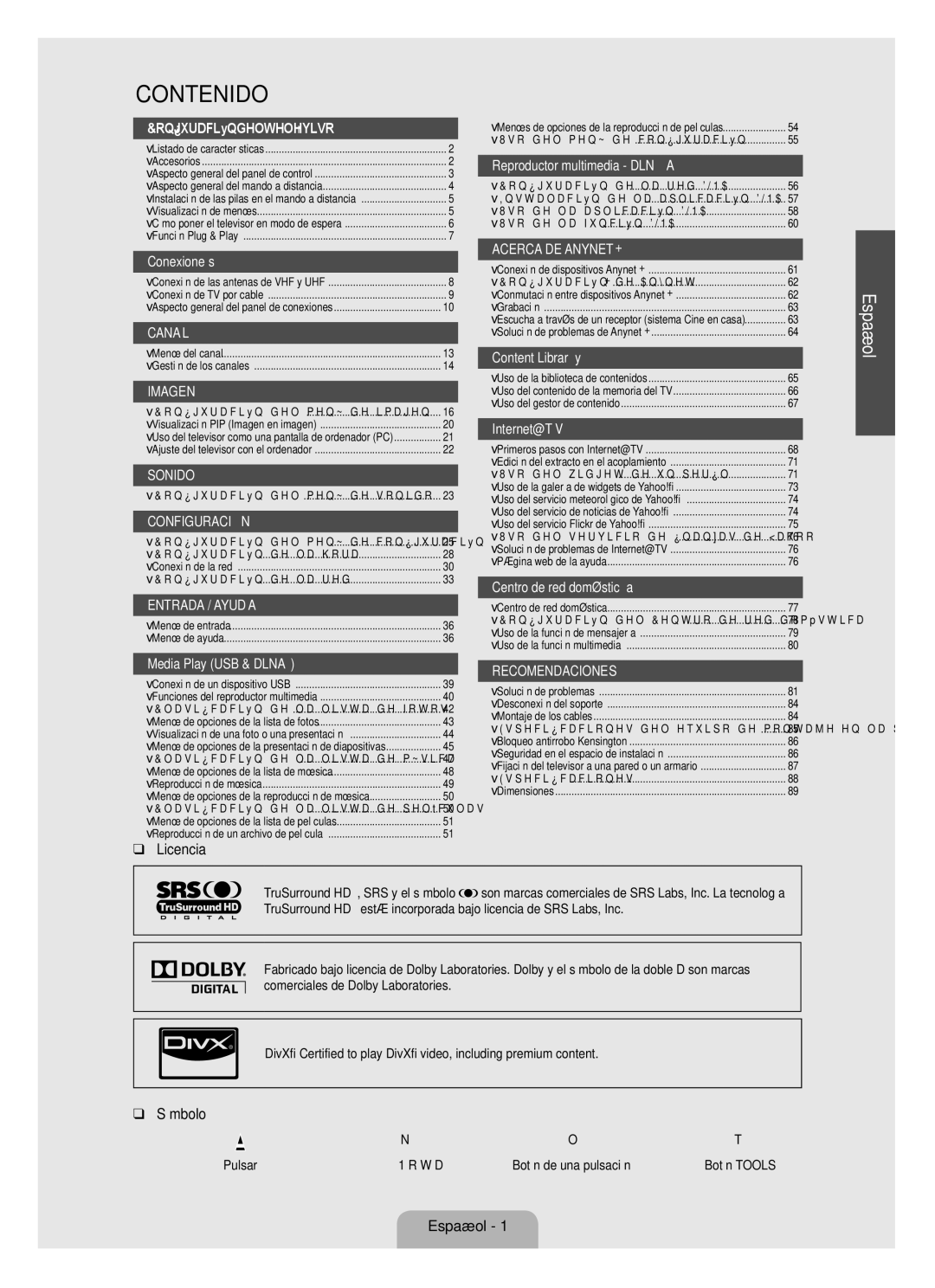 Samsung LN6B60 user manual Licencia, Símbolo, Español, Pulsar 