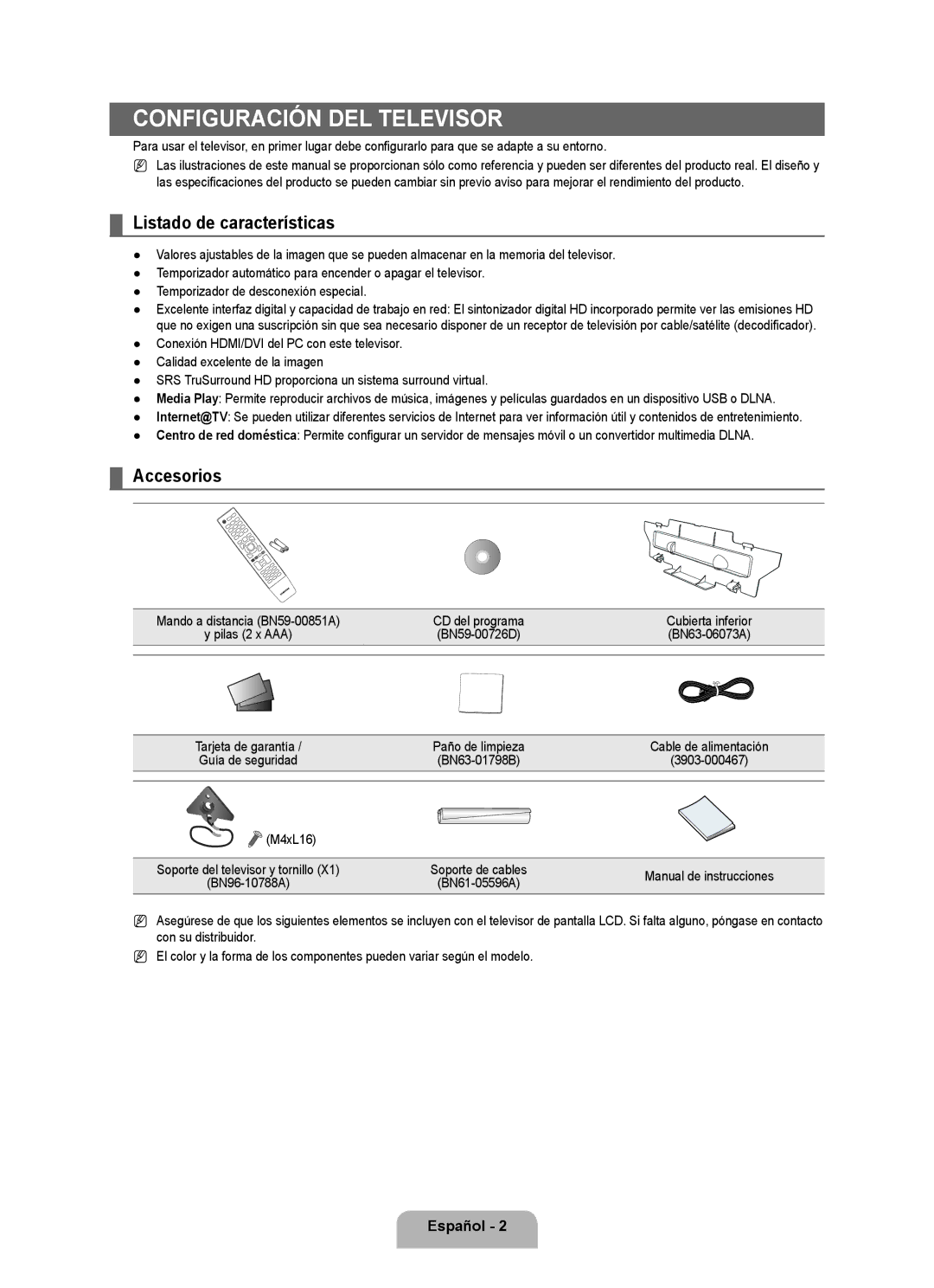 Samsung LN6B60 Configuración del televisor, Listado de características, Accesorios, Cubierta inferior, BN63-06073A 