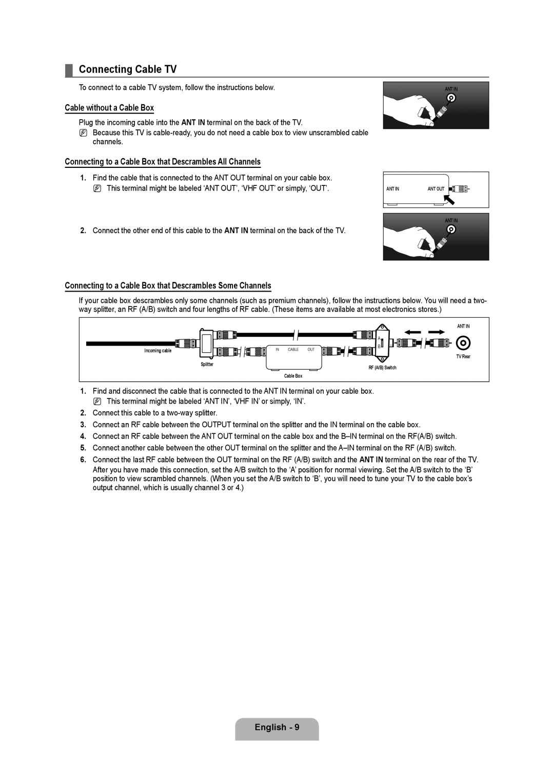 Samsung LN6B60 Connecting Cable TV, Cable without a Cable Box, Connecting to a Cable Box that Descrambles All Channels 