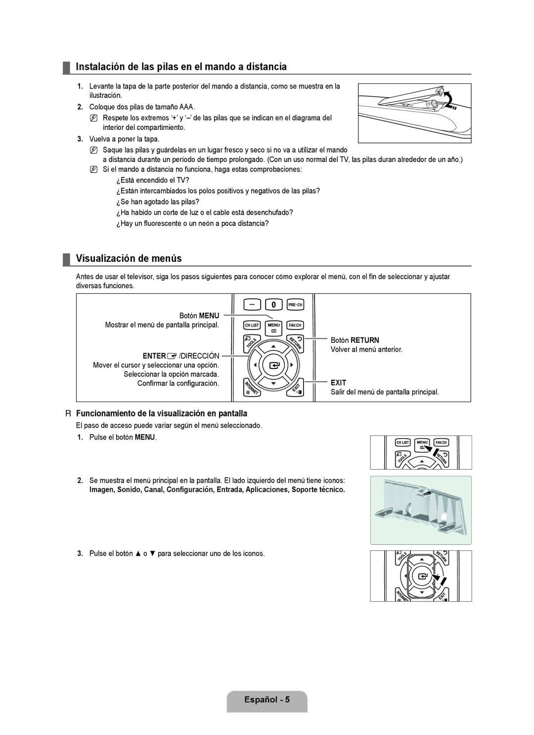 Samsung LN6B60 user manual Instalación de las pilas en el mando a distancia, Visualización de menús 