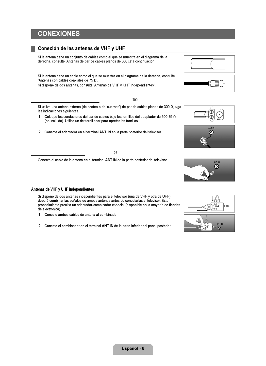 Samsung LN6B60 user manual Conexiones, Conexión de las antenas de VHF y UHF, Antenas de par de cables planos de 300 Ω 