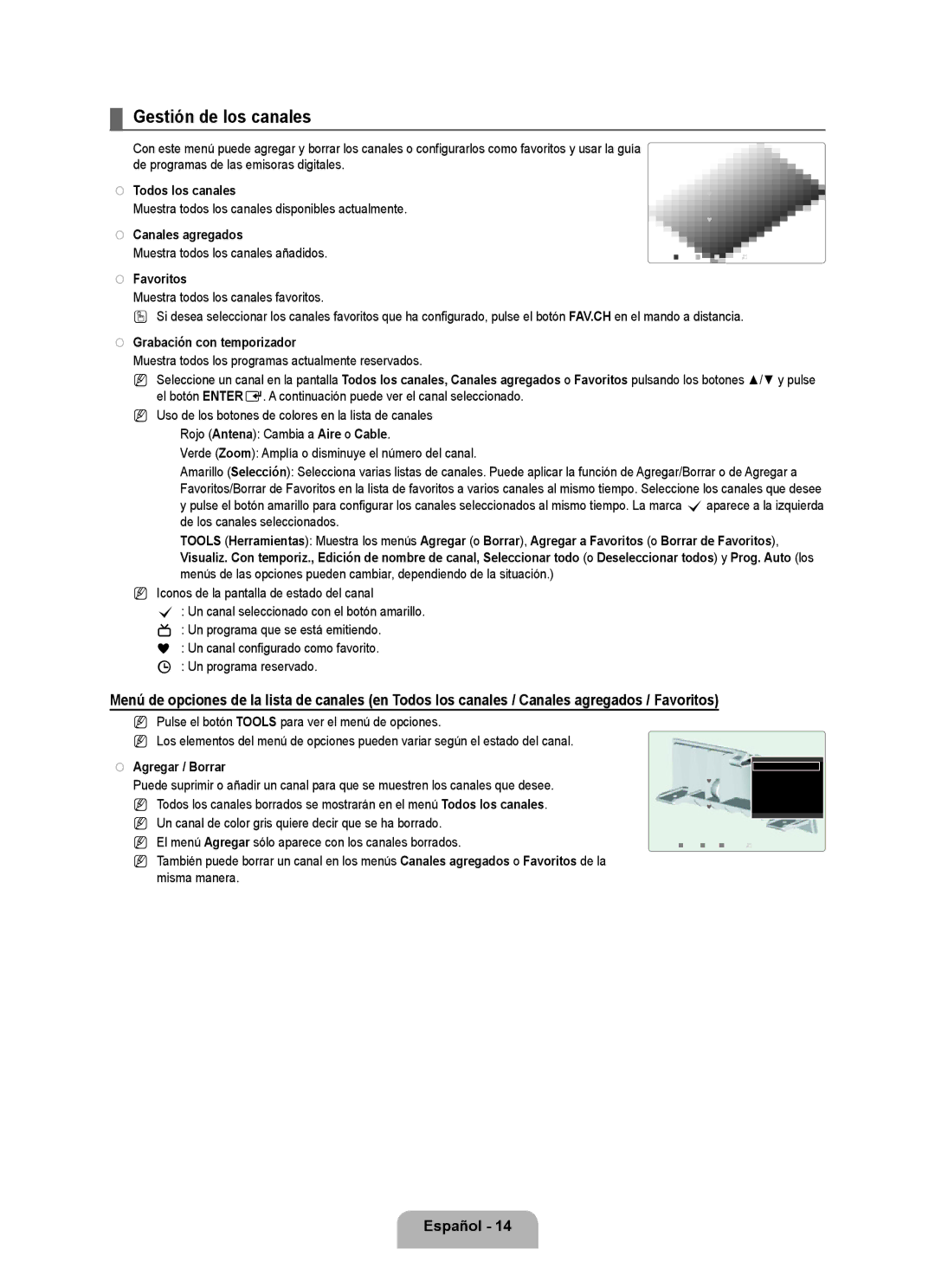 Samsung LN6B60 user manual Gestión de los canales 