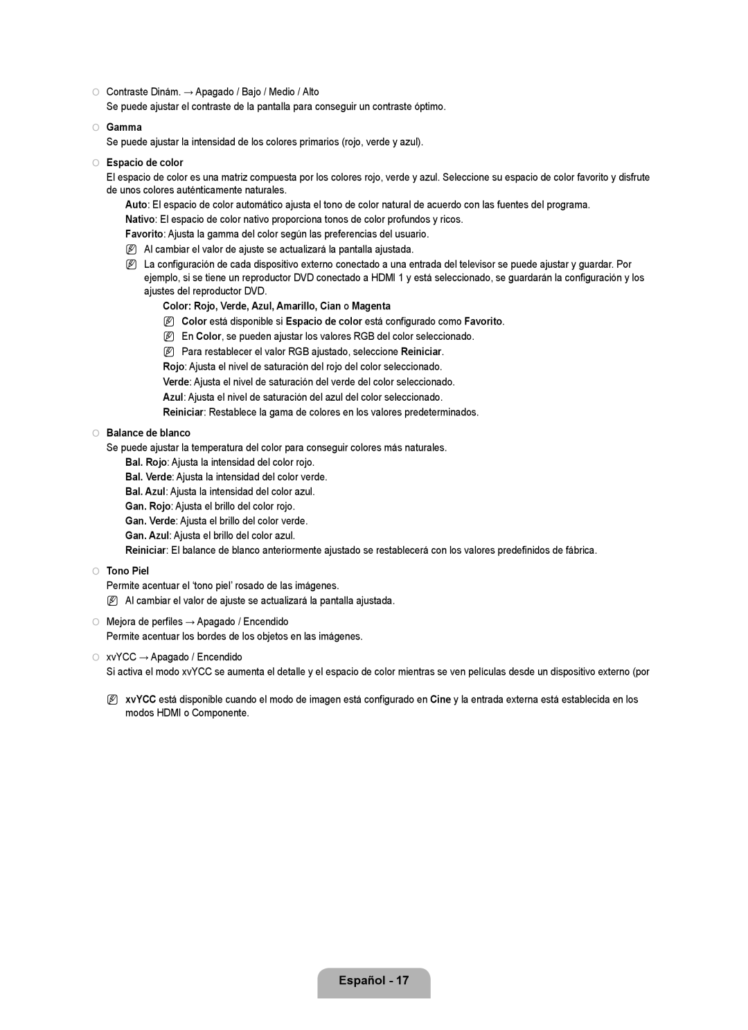 Samsung LN6B60 user manual Contraste Dinám. → Apagado / Bajo / Medio / Alto, Espacio de color, Balance de blanco, Tono Piel 