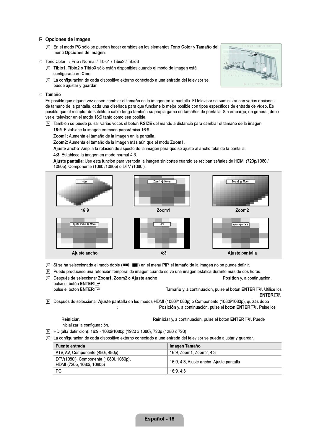 Samsung LN6B60 user manual Opciones de imagen, Tono Color → Frío / Normal / Tibio1 / Tibio2 / Tibio3, Tamaño 