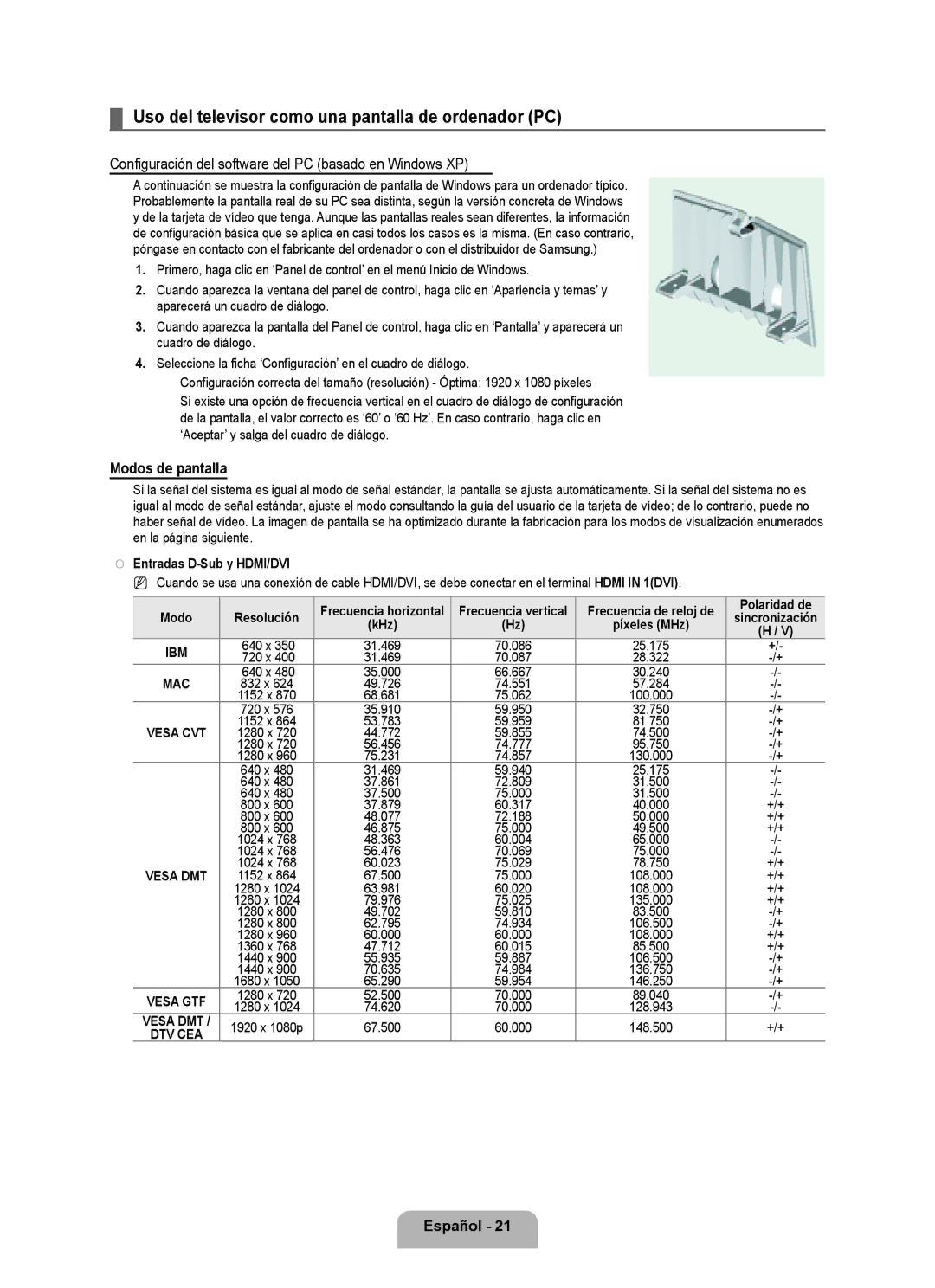 Samsung LN6B60 Uso del televisor como una pantalla de ordenador PC, Configuración del software del PC basado en Windows XP 