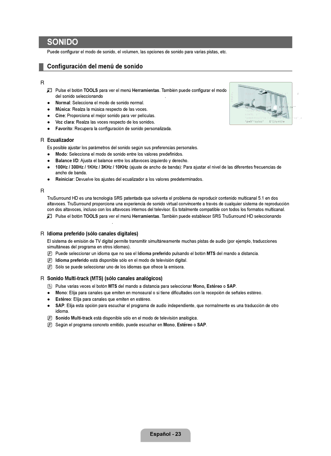 Samsung LN6B60 user manual Sonido, Configuración del menú de sonido 