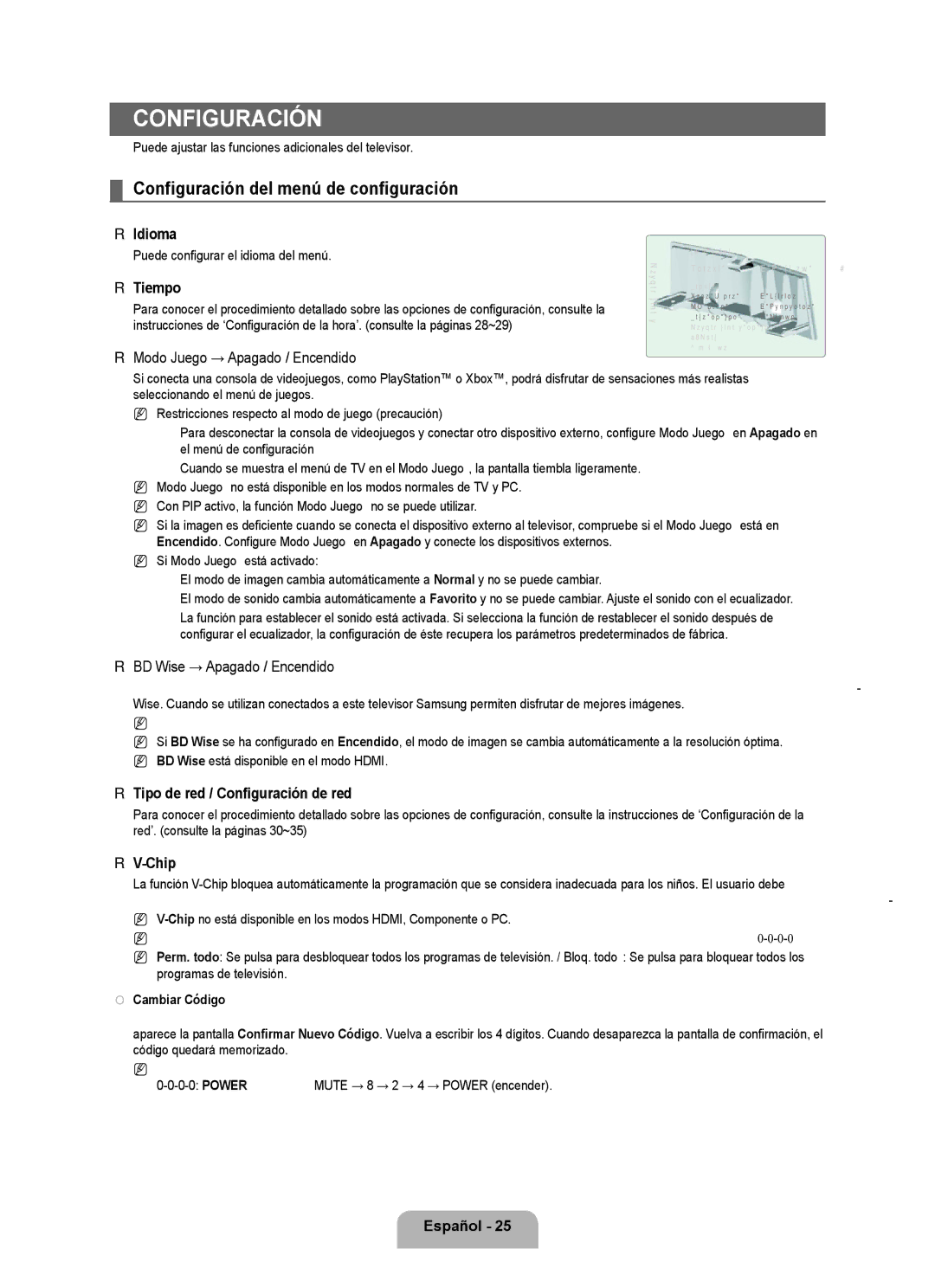 Samsung LN6B60 user manual Configuración del menú de configuración 