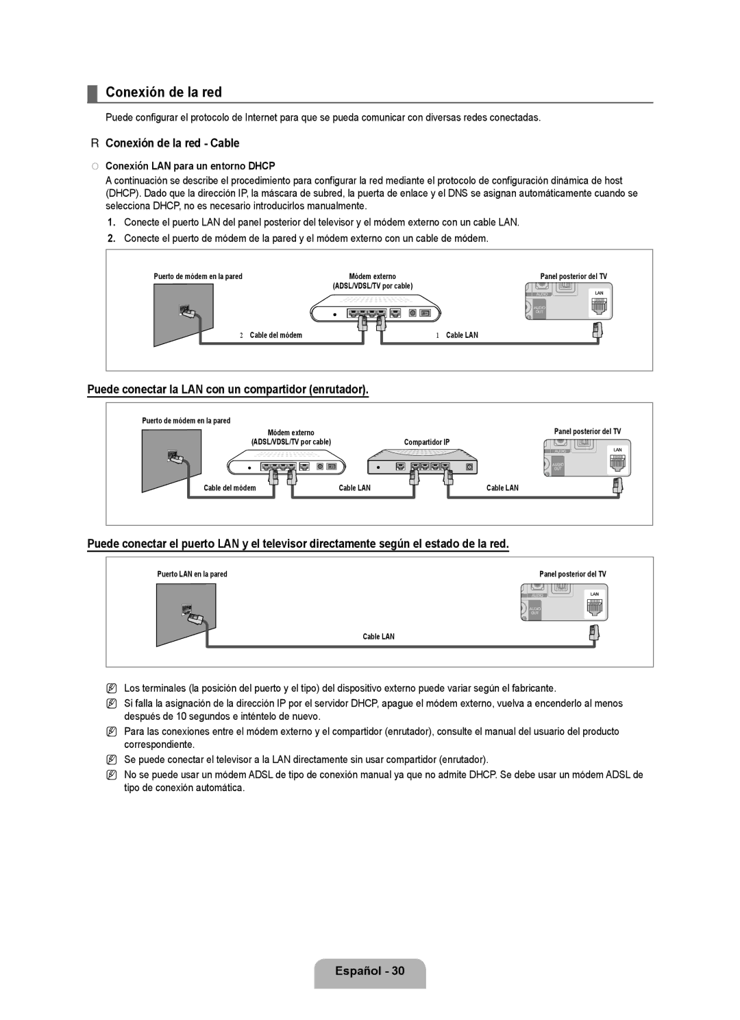 Samsung LN6B60 user manual Conexión de la red Cable, Puede conectar la LAN con un compartidor enrutador 