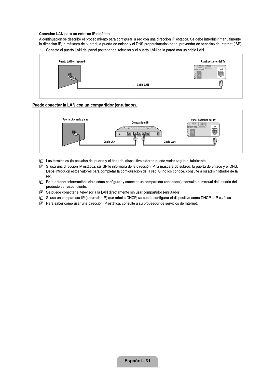 Samsung LN6B60 user manual Conexión LAN para un entorno IP estático 