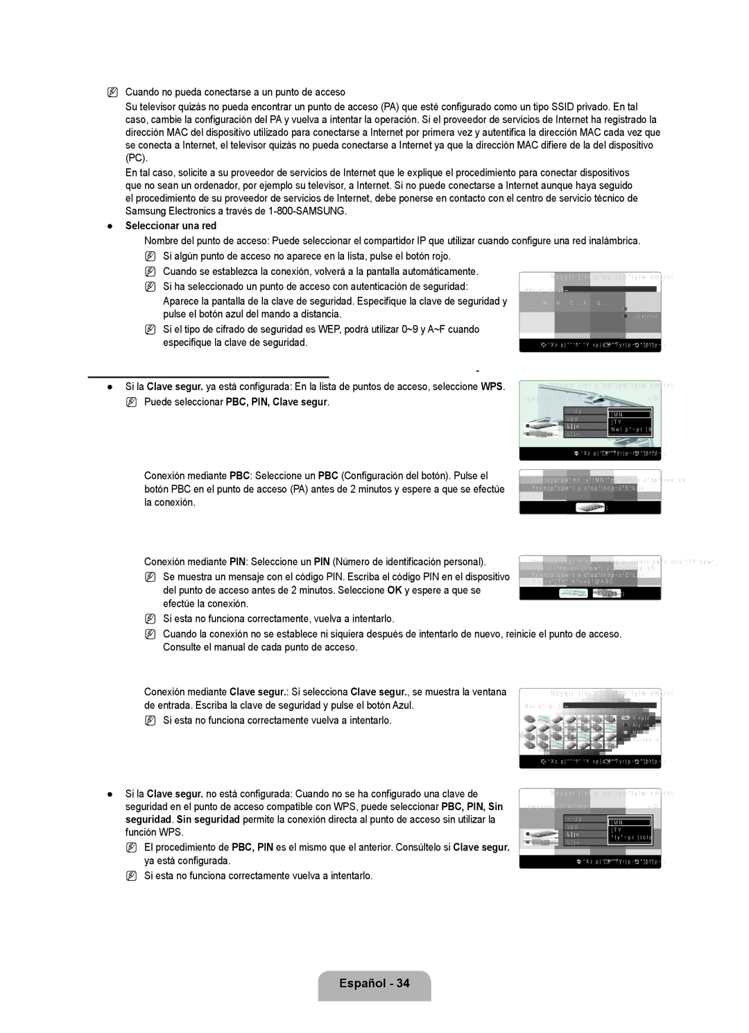 Samsung LN6B60 Conexión WPS Configuración protegida Wi-Fi, Seleccionar una red, Configuración de red inalámbrica 