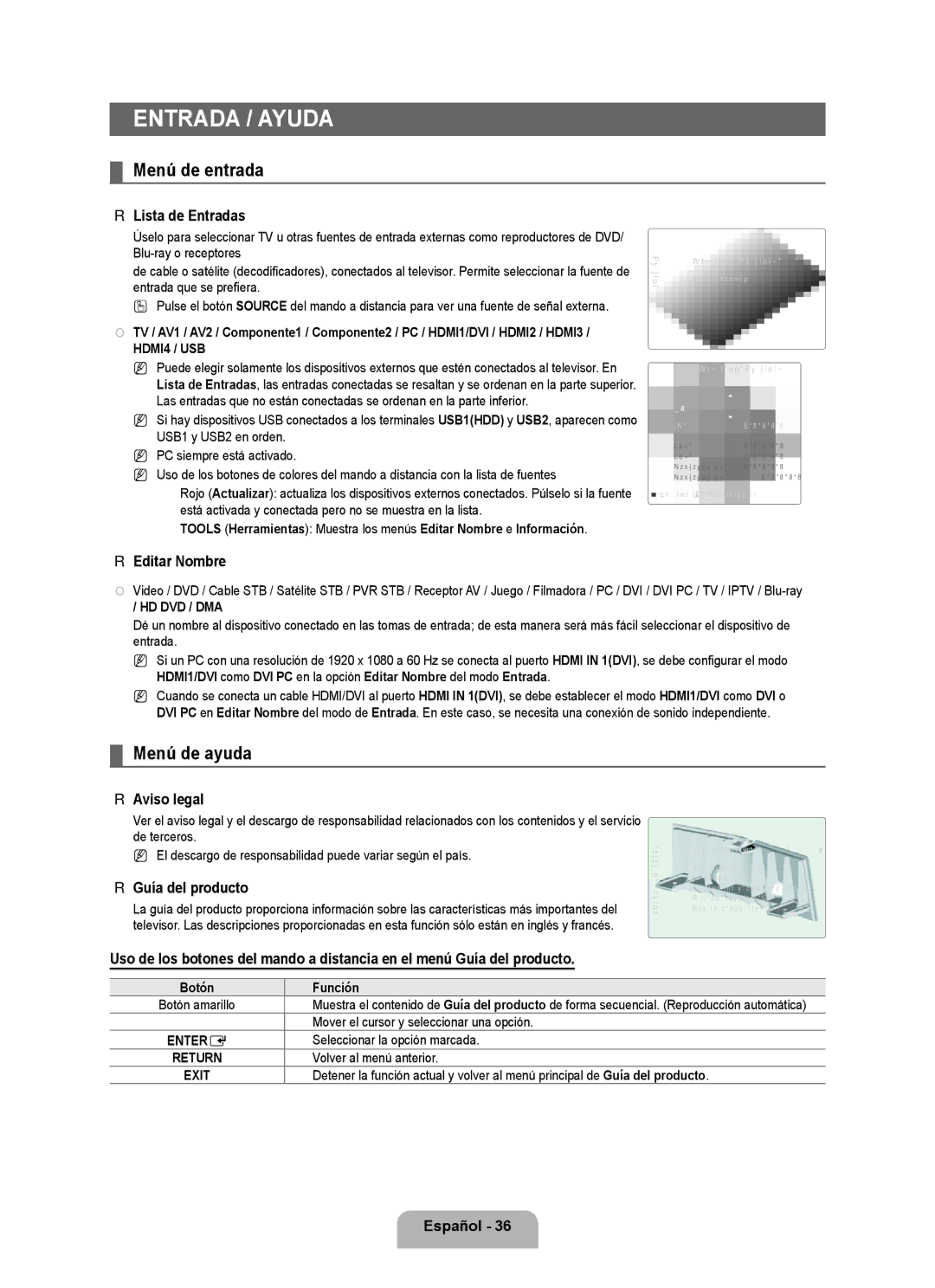 Samsung LN6B60 user manual Entrada / Ayuda, Menú de entrada, Menú de ayuda 