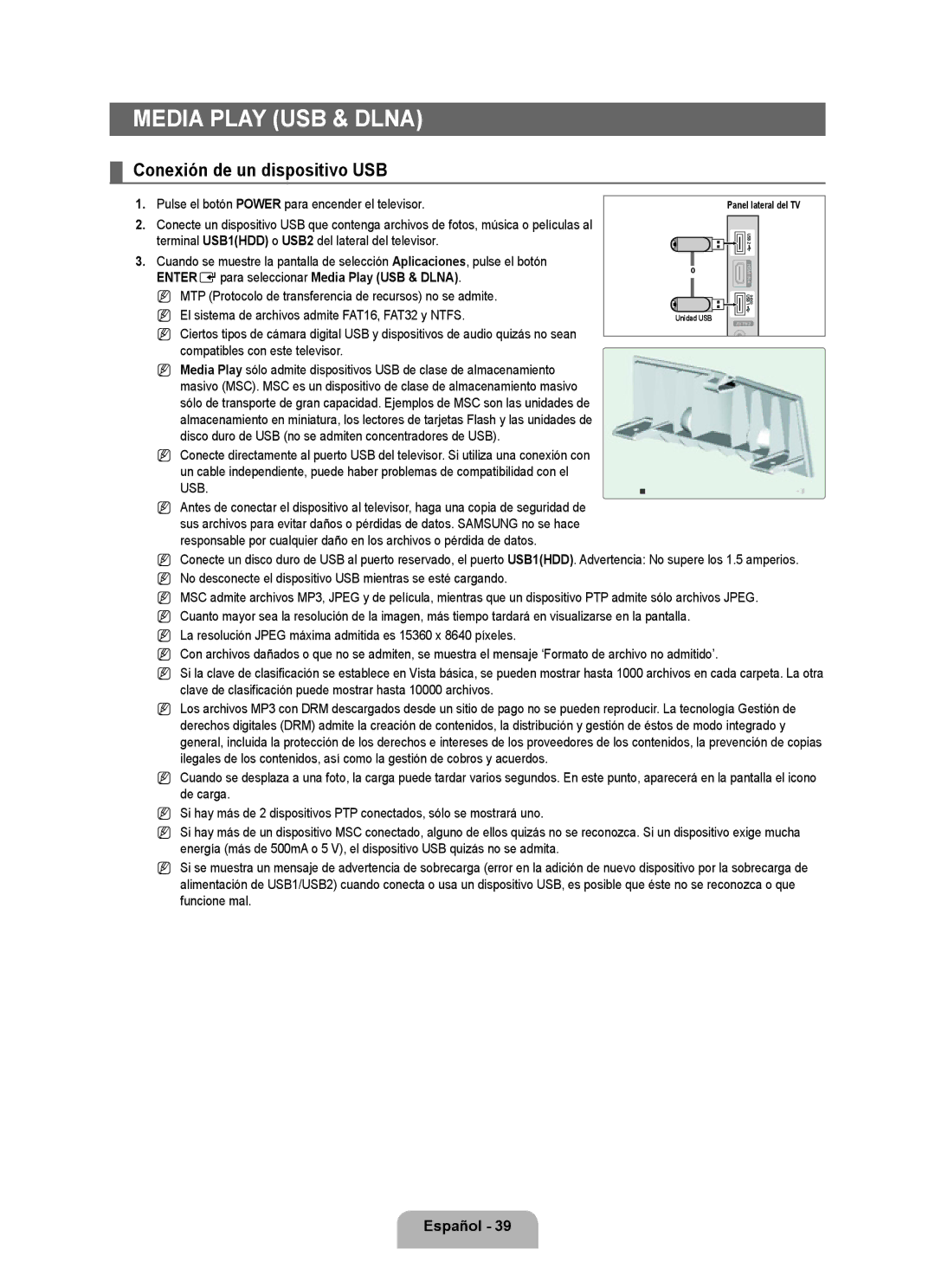 Samsung LN6B60 user manual Conexión de un dispositivo USB, ENTEREpara seleccionar Media Play USB & Dlna 