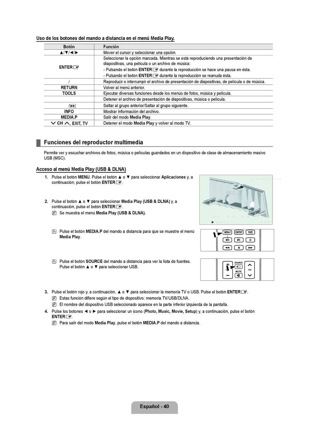 Samsung LN6B60 user manual Funciones del reproductor multimedia, Acceso al menú Media Play USB & Dlna 