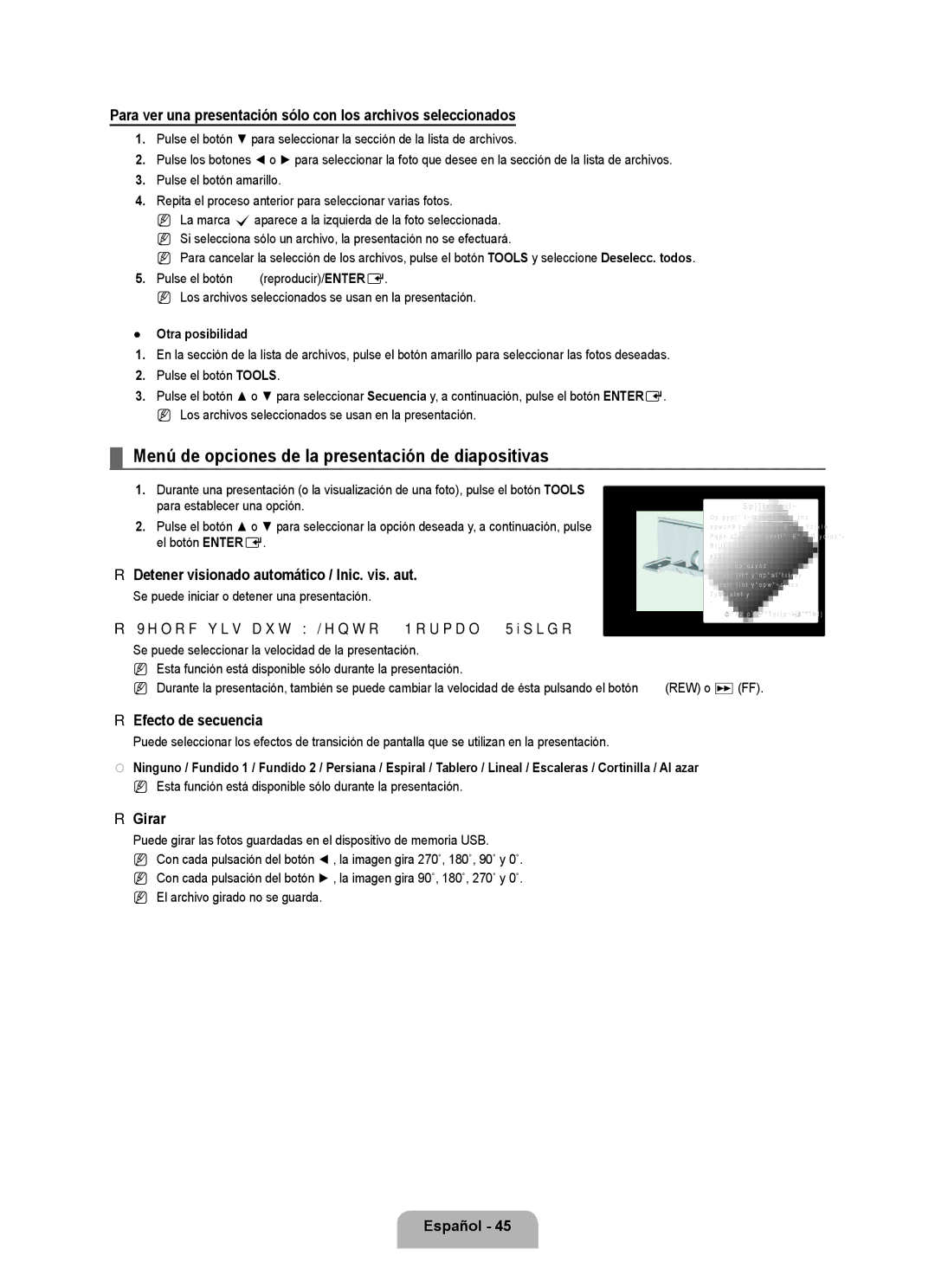 Samsung LN6B60 Menú de opciones de la presentación de diapositivas, Detener visionado automático / Inic. vis. aut, Girar 