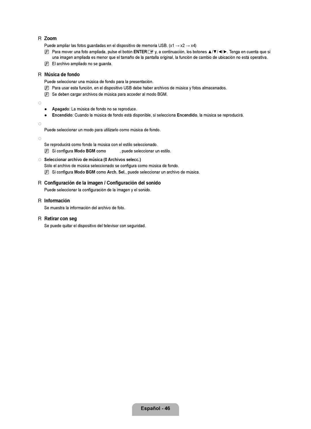 Samsung LN6B60 user manual Música de fondo, Configuración de la imagen / Configuración del sonido 