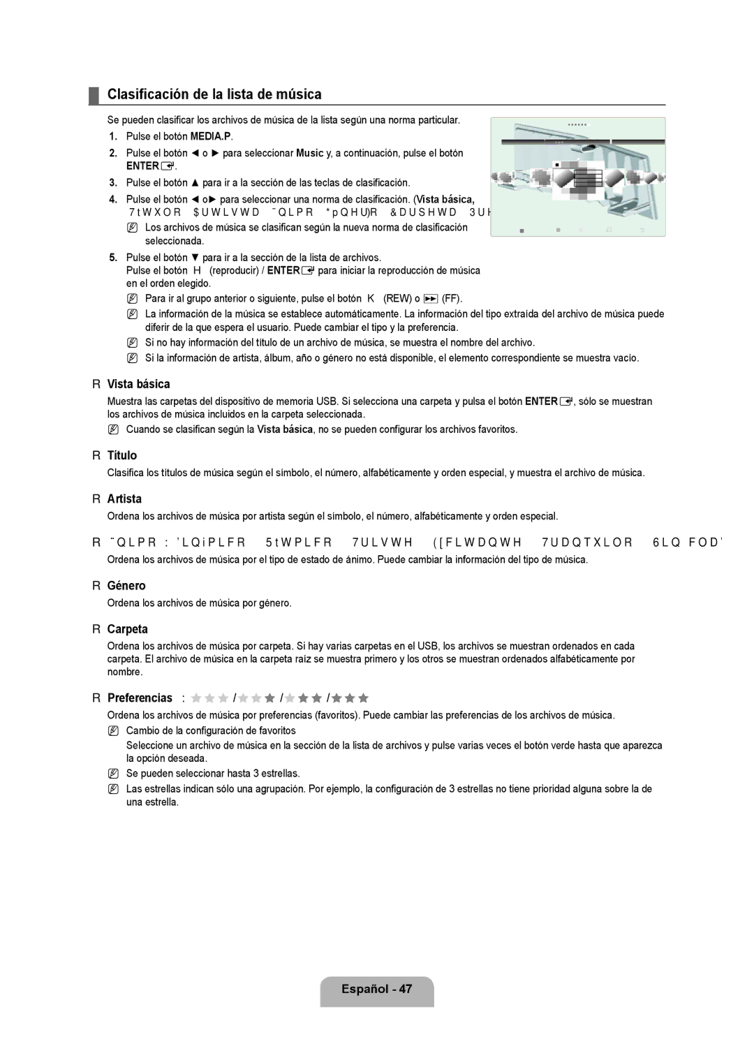 Samsung LN6B60 Clasificación de la lista de música, Título, Artista, Género, Ordena los archivos de música por género 