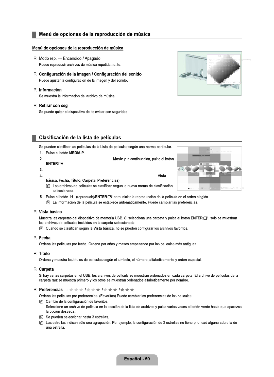 Samsung LN6B60 user manual Menú de opciones de la reproducción de música, Clasificación de la lista de películas 