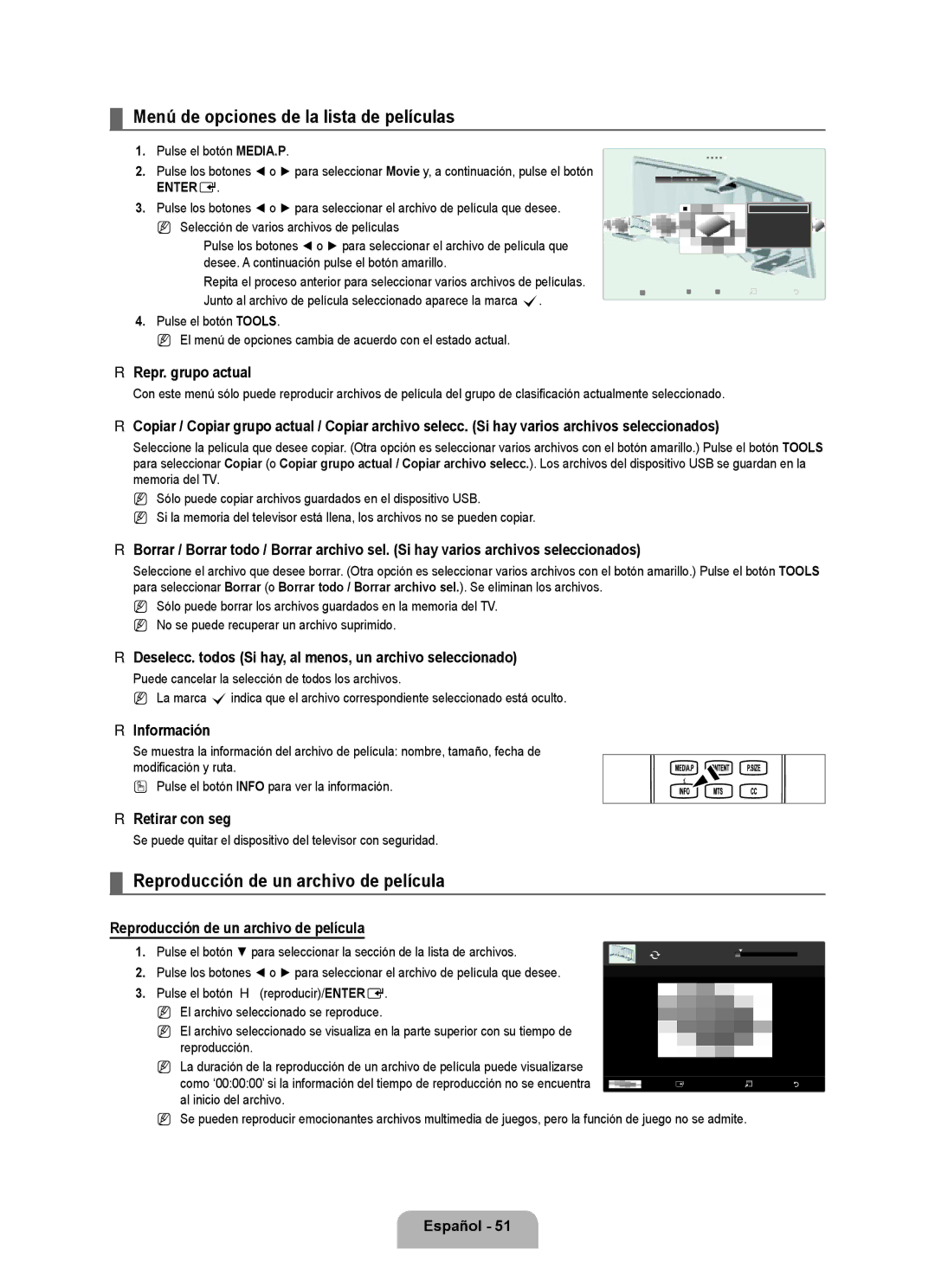 Samsung LN6B60 user manual Menú de opciones de la lista de películas, Reproducción de un archivo de película 