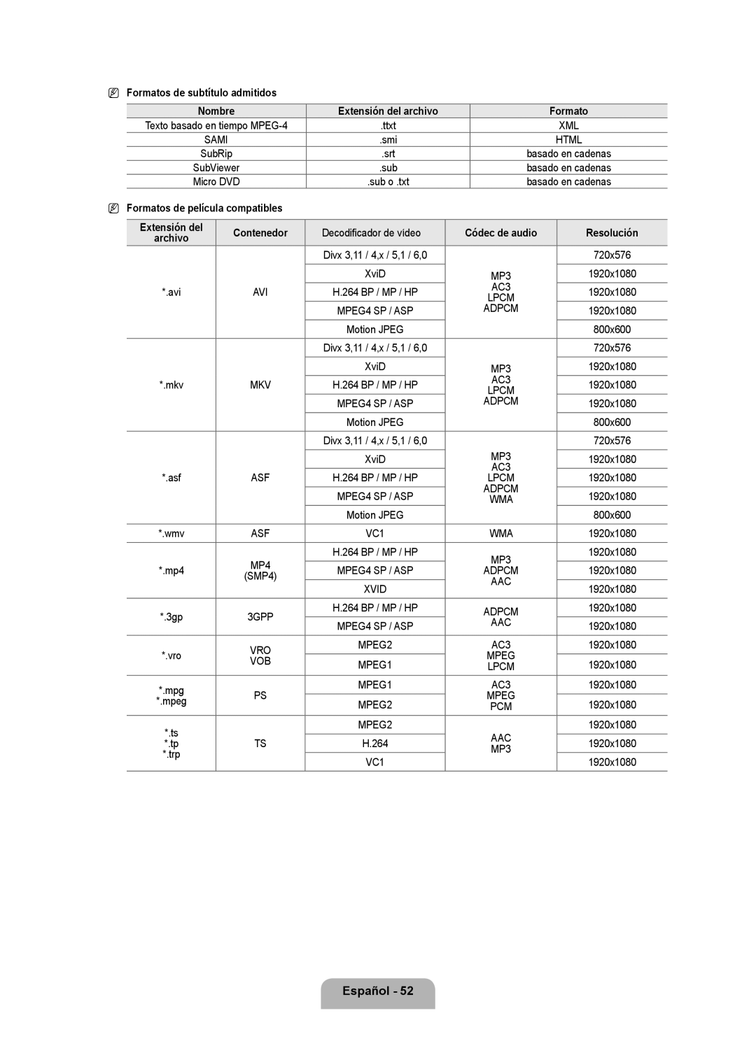 Samsung LN6B60 user manual Formatos de subtítulo admitidos, Formatos de película compatibles Extensión del Contenedor 