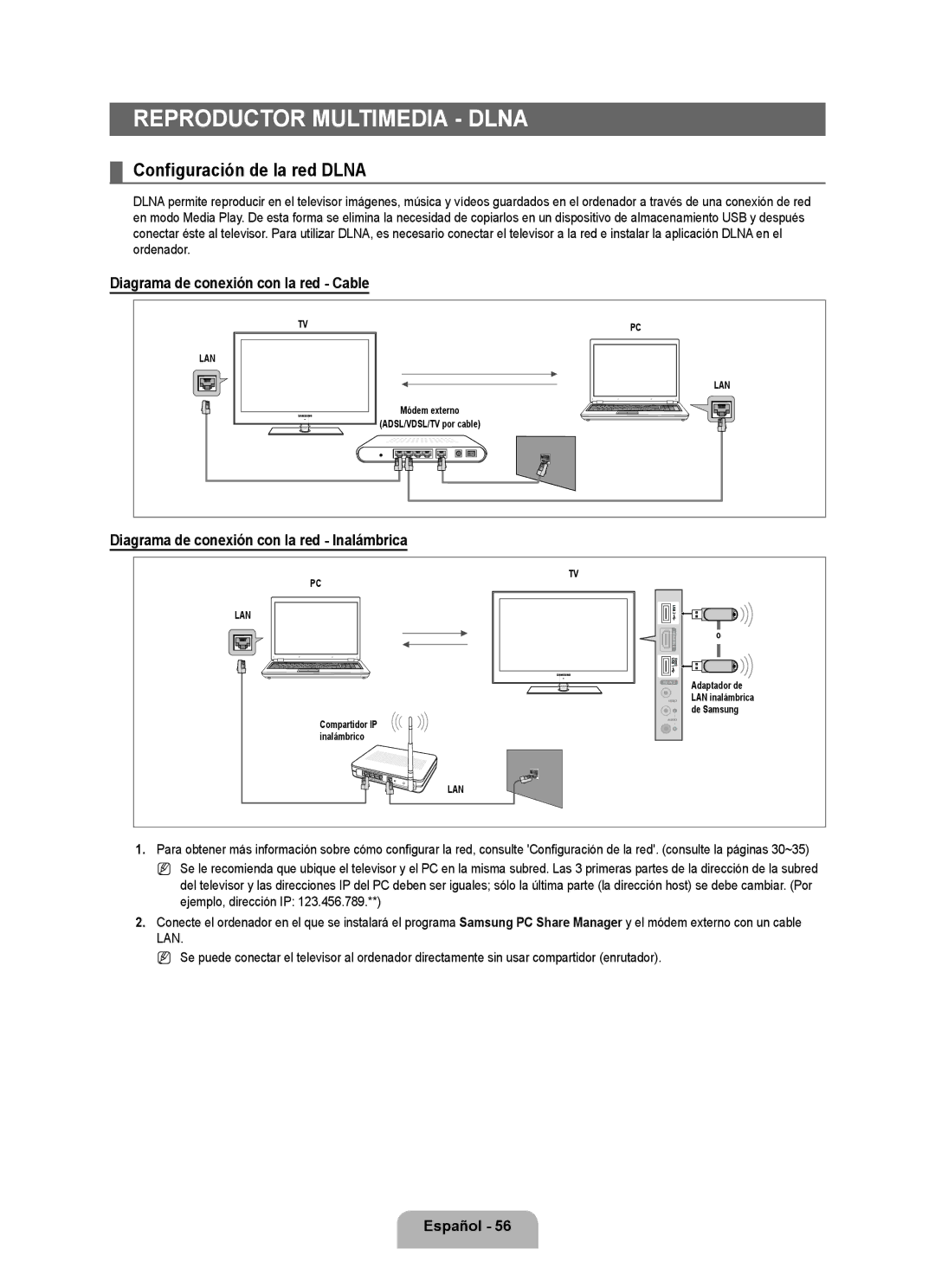 Samsung LN6B60 user manual Reproductor multimedia Dlna, Configuración de la red Dlna, Diagrama de conexión con la red Cable 