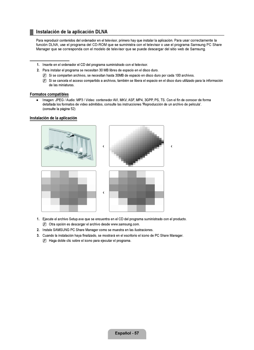 Samsung LN6B60 user manual Instalación de la aplicación Dlna, Requisitos del sistema, Formatos compatibles 