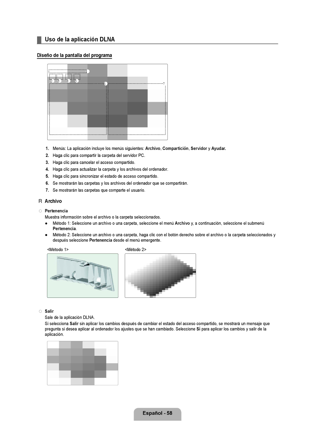 Samsung LN6B60 user manual Uso de la aplicación Dlna, Diseño de la pantalla del programa, Archivo, Pertenencia, Salir 