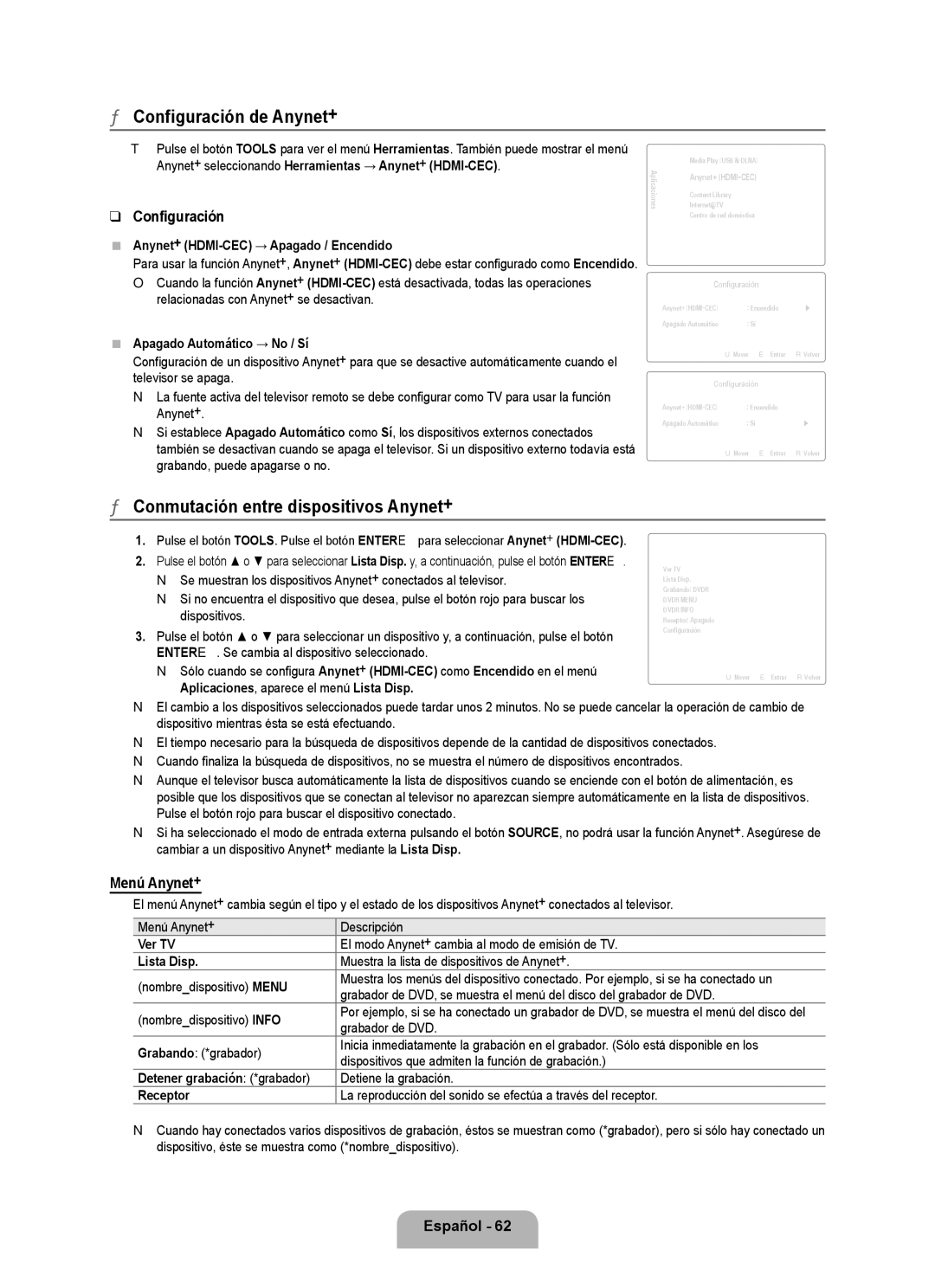 Samsung LN6B60 user manual Configuración de Anynet+, Conmutación entre dispositivos Anynet+, Menú Anynet+ 