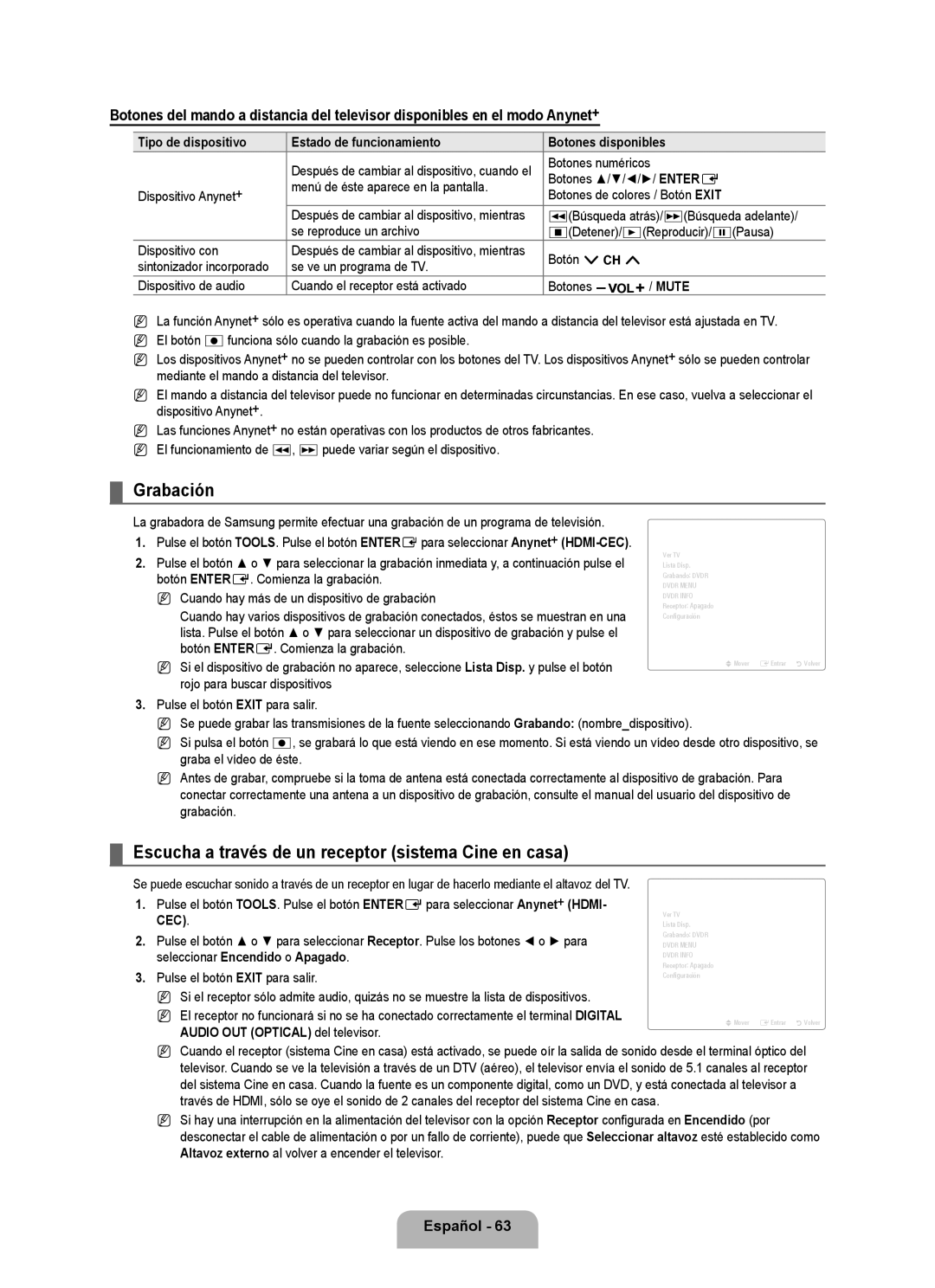 Samsung LN6B60 user manual Grabación, Escucha a través de un receptor sistema Cine en casa 