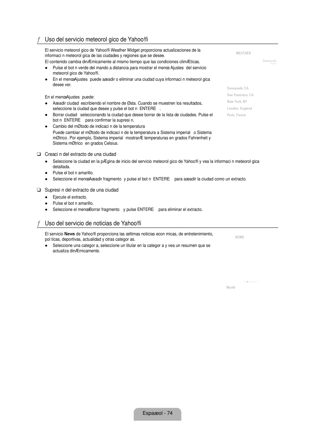 Samsung LN6B60 user manual Uso del servicio meteorológico de Yahoo, Uso del servicio de noticias de Yahoo 