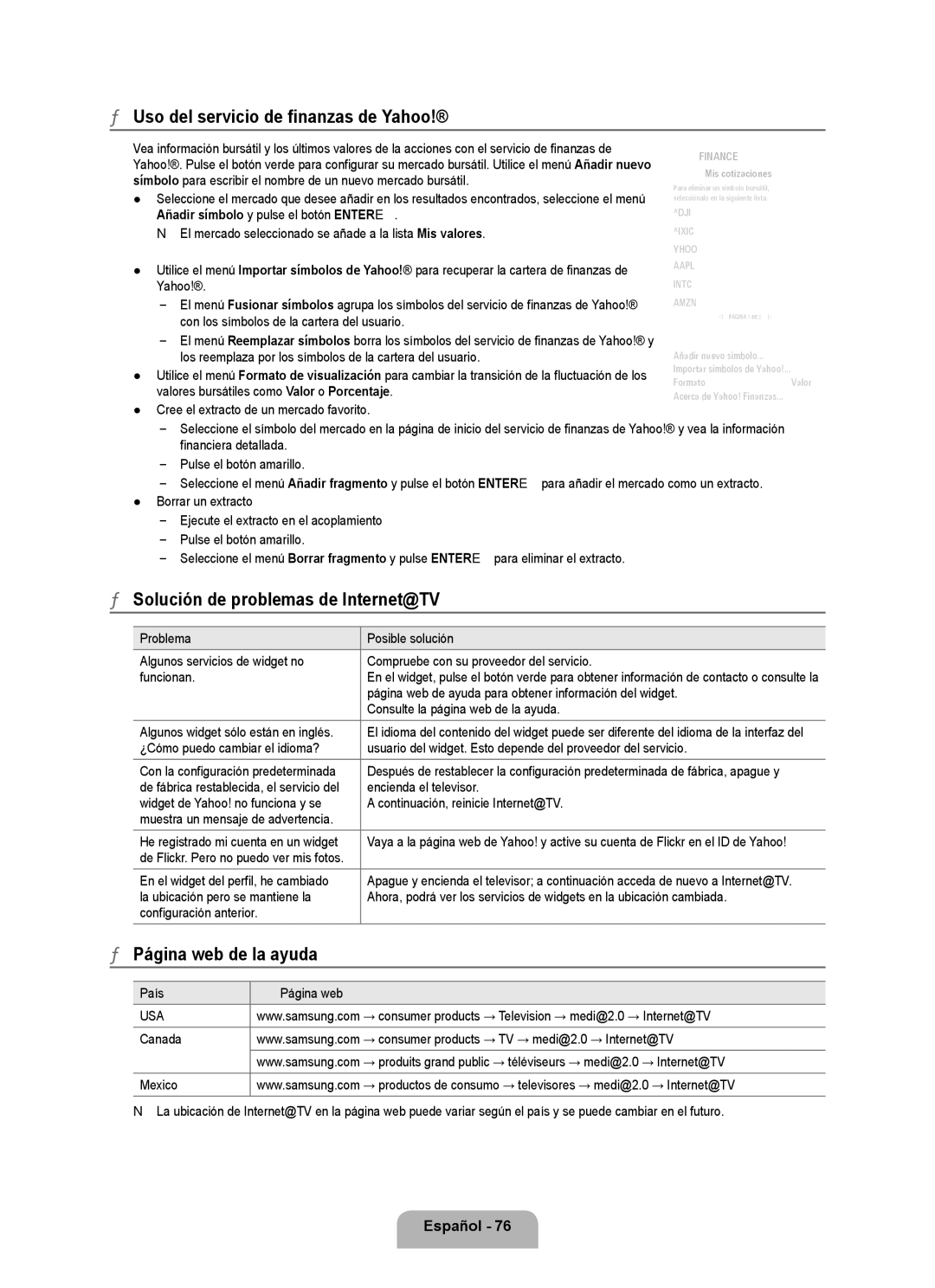 Samsung LN6B60 Uso del servicio de finanzas de Yahoo, Solución de problemas de Internet@TV, Página web de la ayuda 