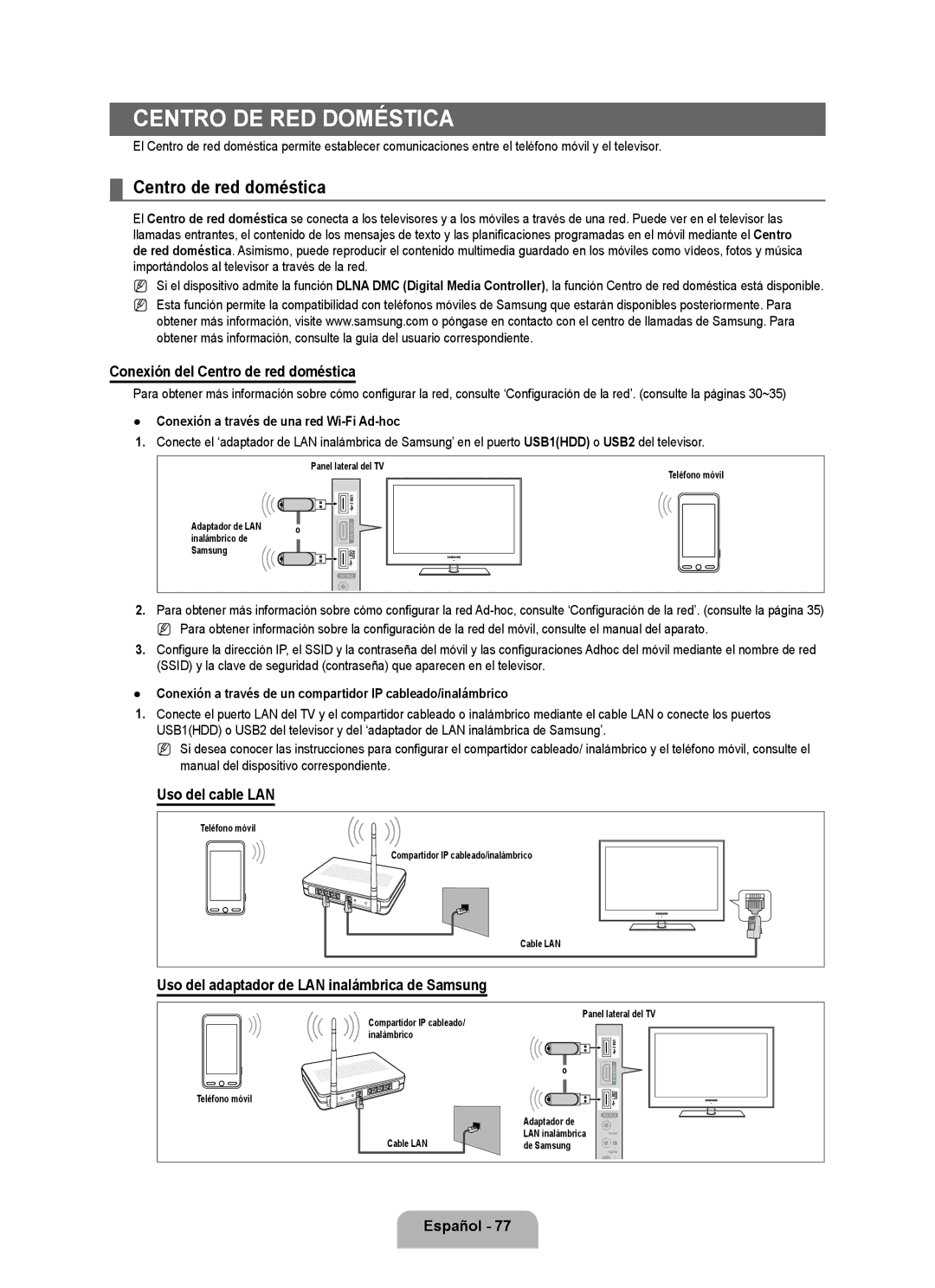 Samsung LN6B60 user manual Conexión del Centro de red doméstica, Uso del cable LAN 