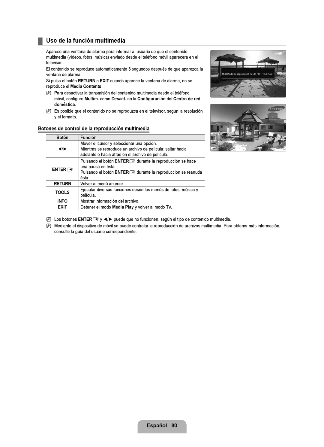 Samsung LN6B60 user manual Uso de la función multimedia, Botones de control de la reproducción multimedia 