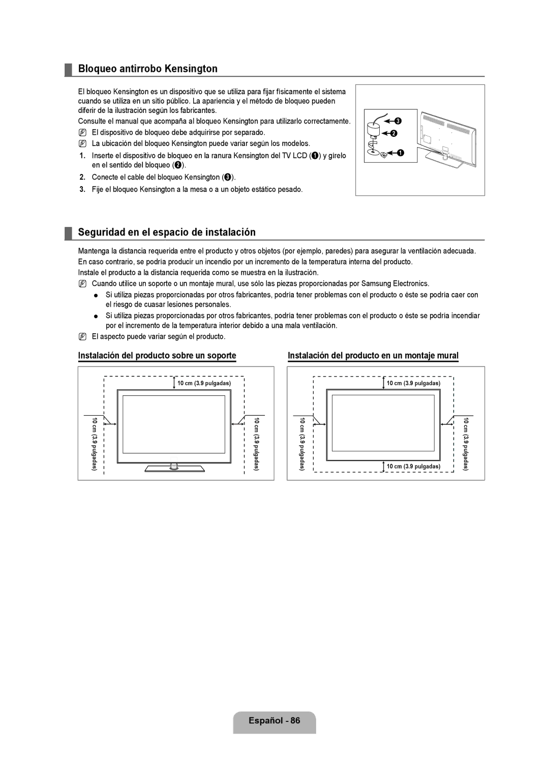 Samsung LN6B60 user manual Bloqueo antirrobo Kensington, Seguridad en el espacio de instalación 